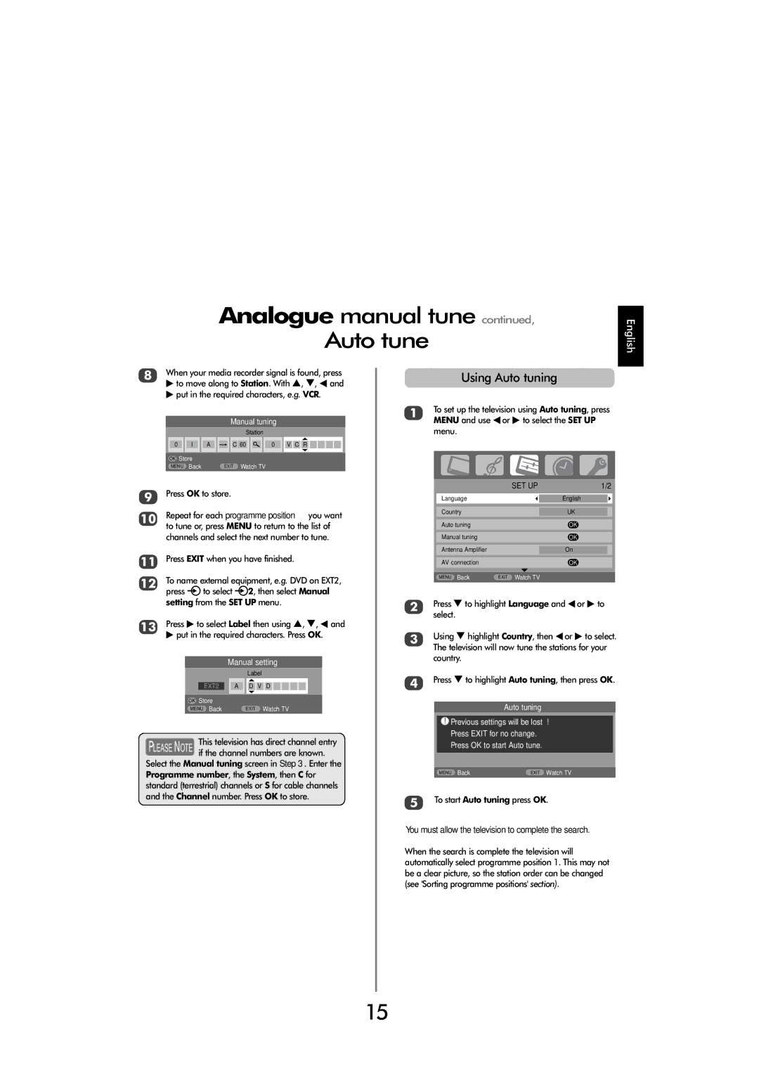 Toshiba C3030 Analogue manual tune Auto tune, Using Auto tuning, Press OK to store, Press Exit when you have finished 