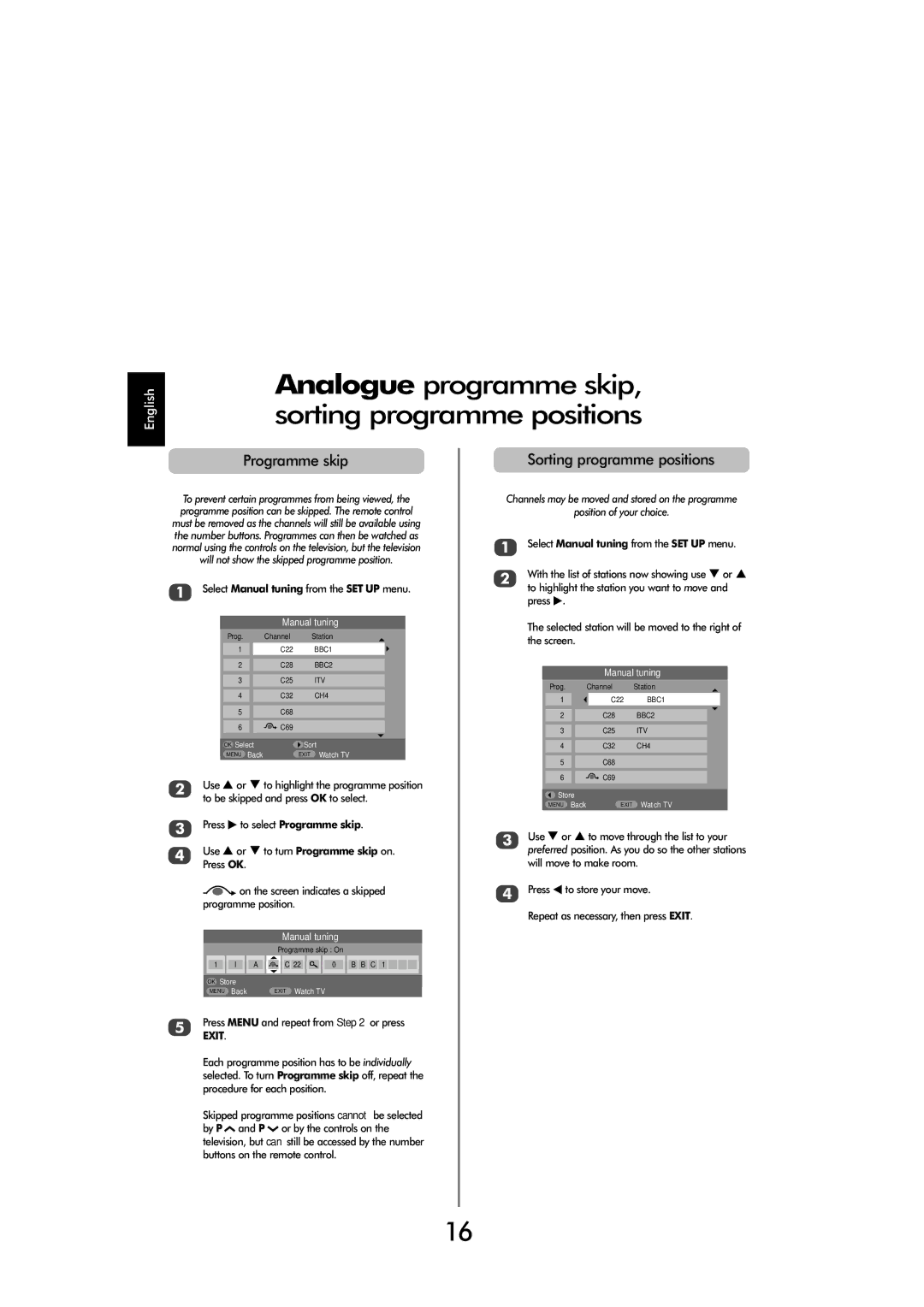 Toshiba X3030, C3030 Analogue programme skip, sorting programme positions, Programme skip, Sorting programme positions 