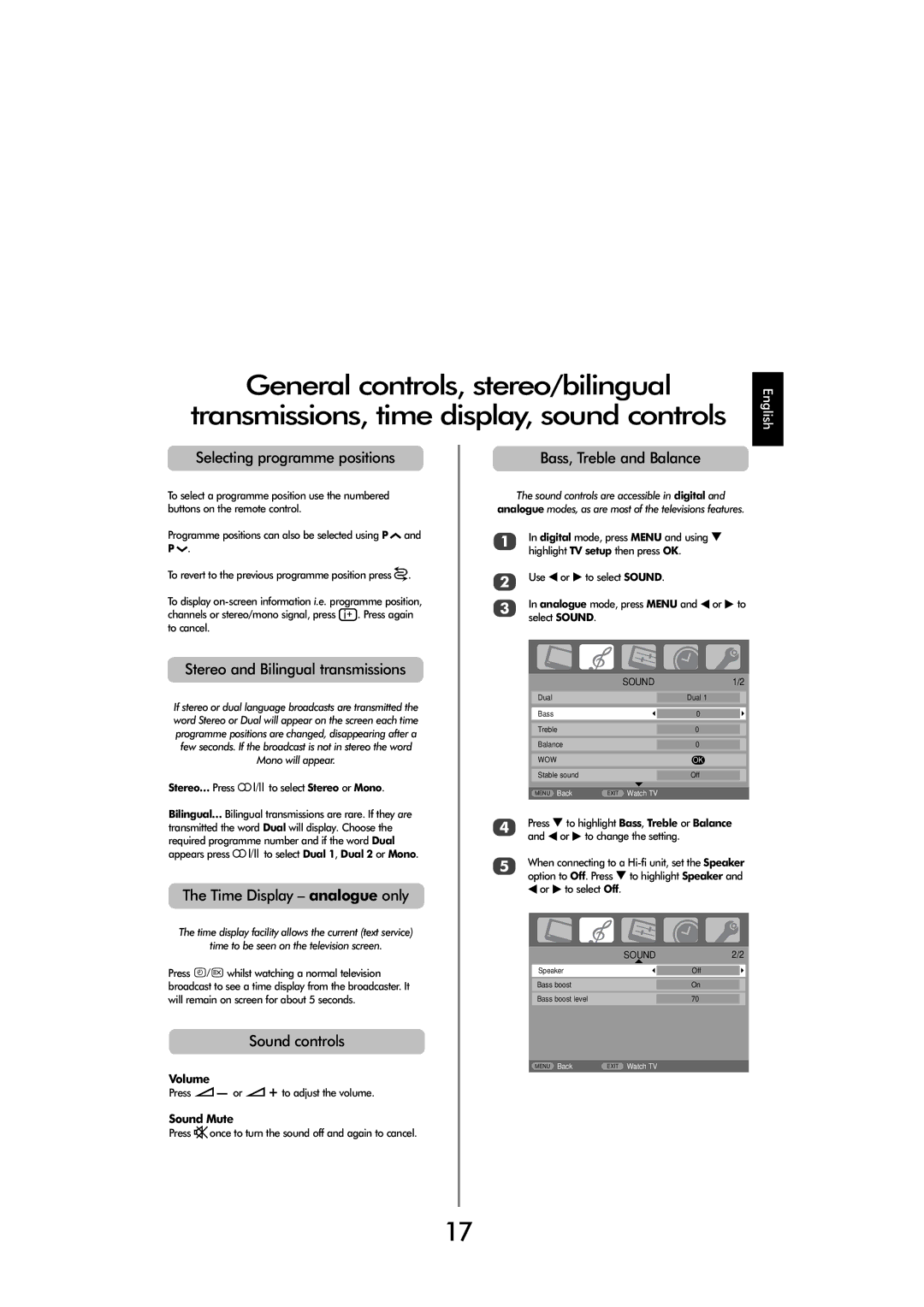 Toshiba C3030, X3030 manual Selecting programme positions, Stereo and Bilingual transmissions, Time Display analogue only 