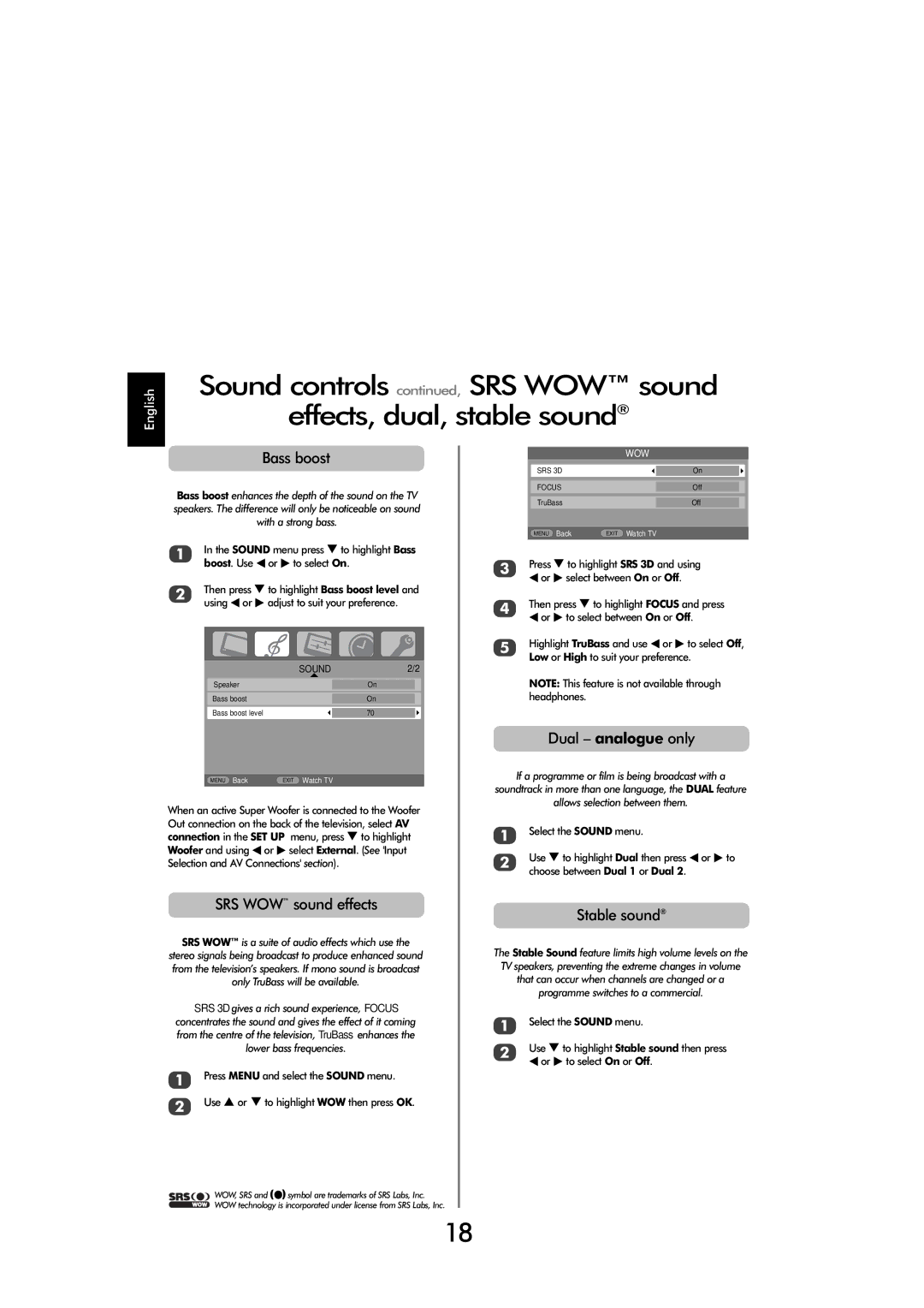 Toshiba X3030 Sound controls , SRS WOW sound Effects, dual, stable sound, Bass boost, SRS WOW sound effects, Stable sound 