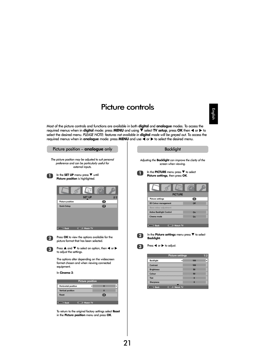 Toshiba C3030, X3030 manual Picture controls, Picture position analogue only, Backlight 