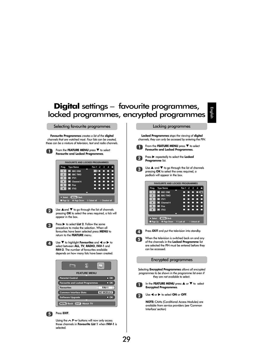 Toshiba C3030 Selecting favourite programmes, Locking programmes, Press xrepeatedly to select the Locked Programme list 