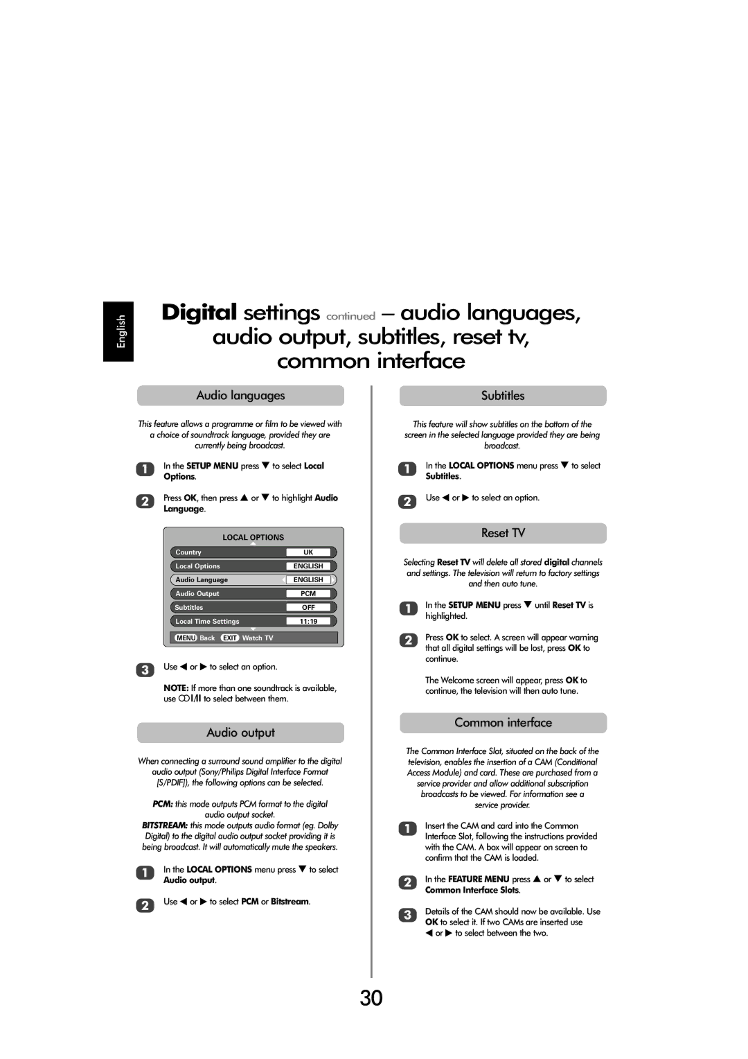 Toshiba X3030, C3030 manual Audio languages, Audio output, Subtitles, Reset TV, Common interface 