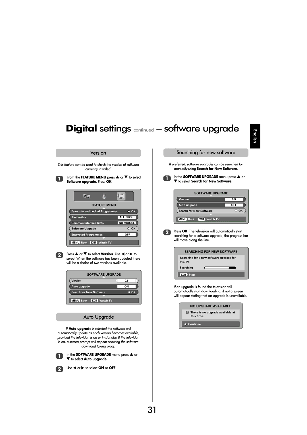 Toshiba C3030, X3030 manual Digital settings, Software upgrade, Version, Auto Upgrade, Searching for new software 