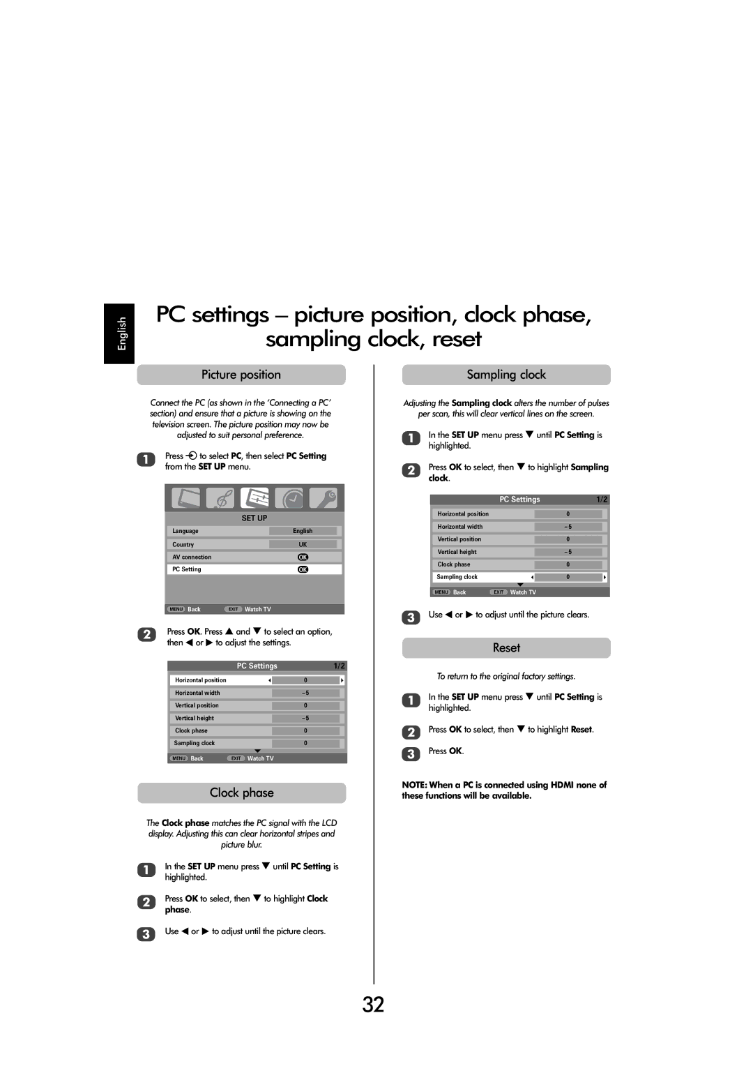 Toshiba X3030, C3030 manual Picture position, Clock phase, Sampling clock, Reset, PC Settings 