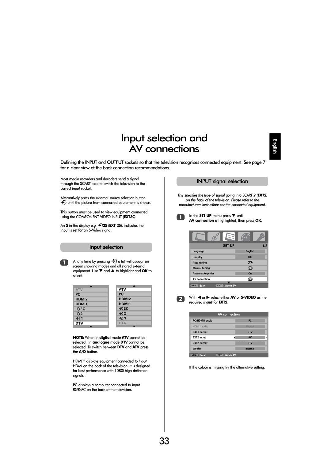 Toshiba C3030, X3030 manual Input selection AV connections, Input signal selection 