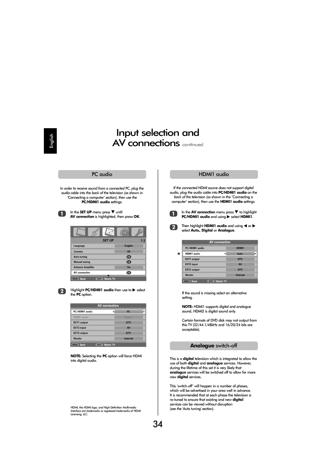 Toshiba X3030, C3030 manual Input selection and AV connections, PC audio, HDMI1 audio, Analogue switch-off 