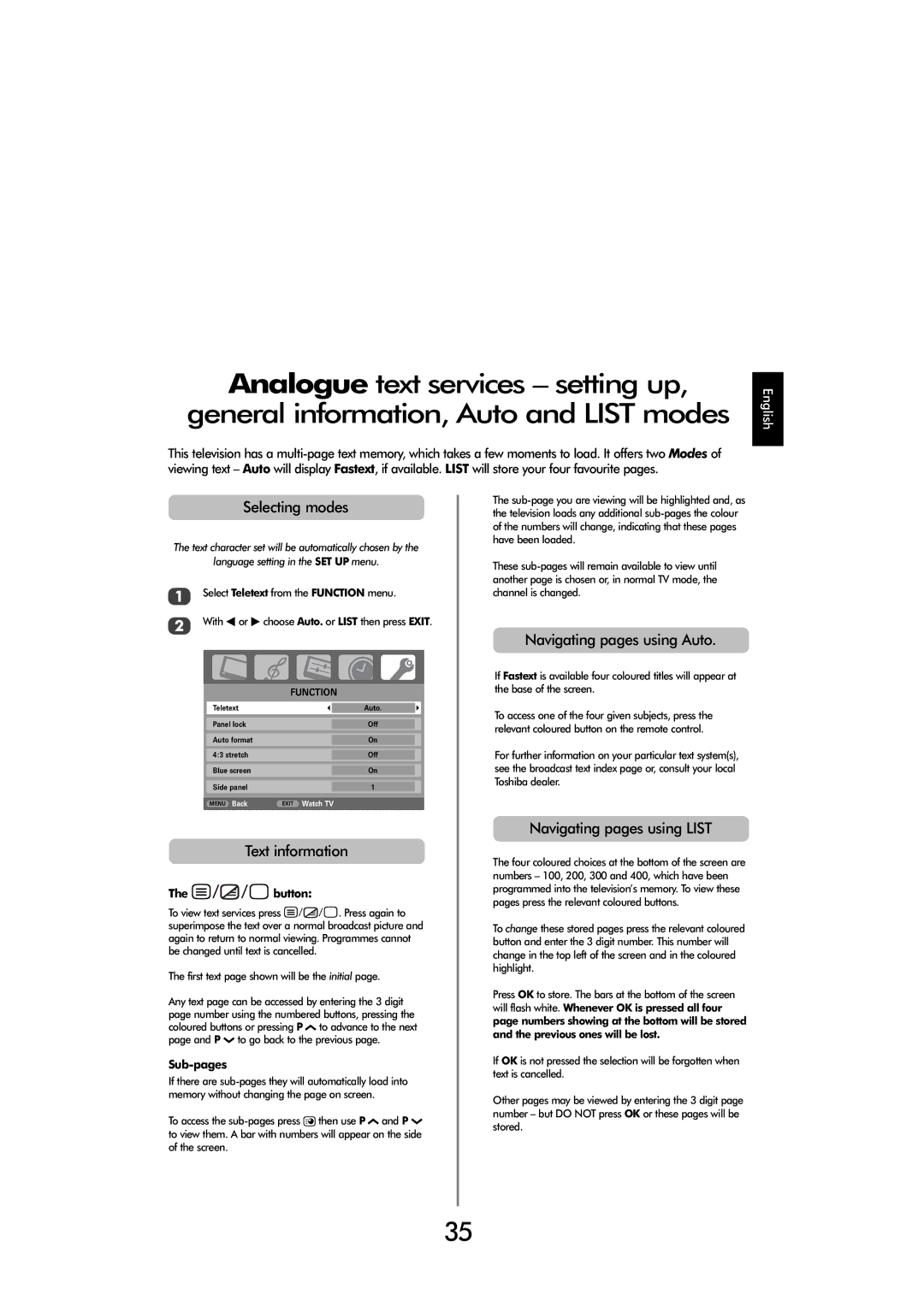 Toshiba C3030, X3030 manual Selecting modes, Text information, Navigating pages using Auto, Navigating pages using List 