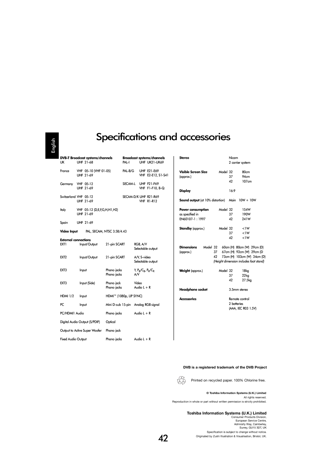 Toshiba X3030, C3030 manual Specifications and accessories 