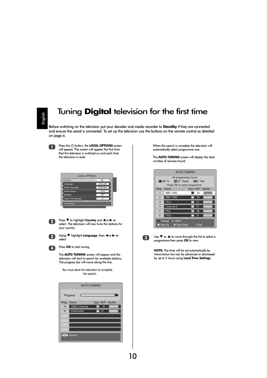 Toshiba X3030, C3030 manual Tuning Digital television for the first time, Auto Tuning, Progress 