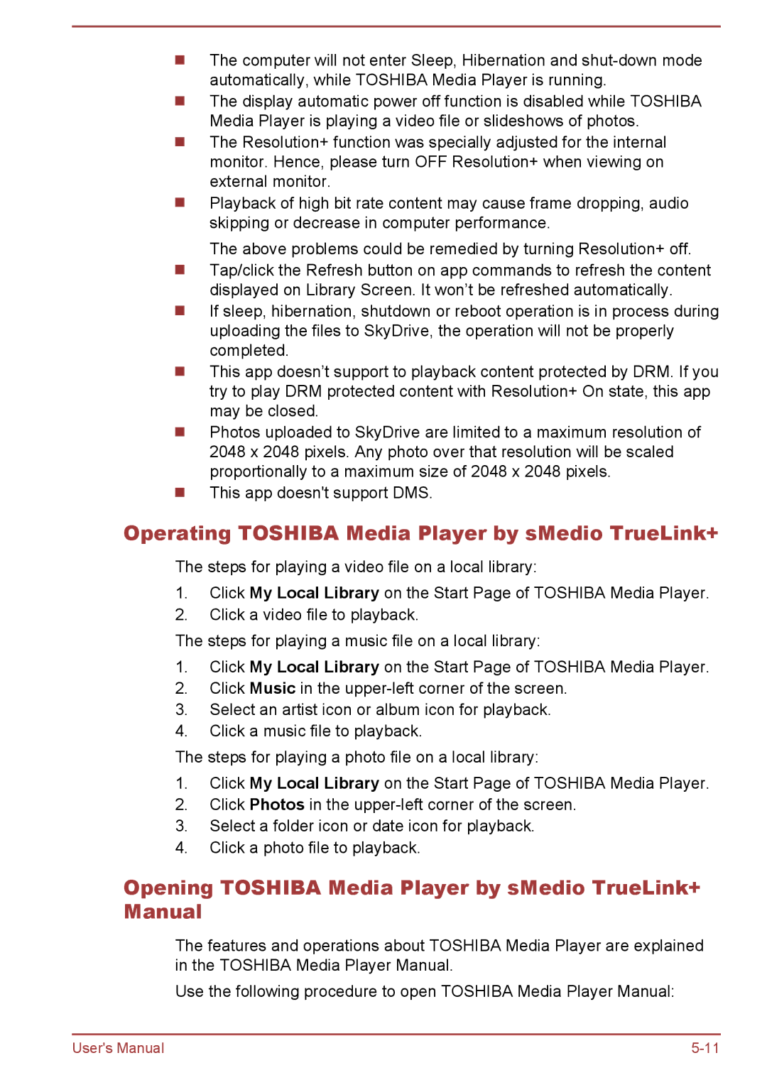 Toshiba C55-A Operating Toshiba Media Player by sMedio TrueLink+, Opening Toshiba Media Player by sMedio TrueLink+ Manual 