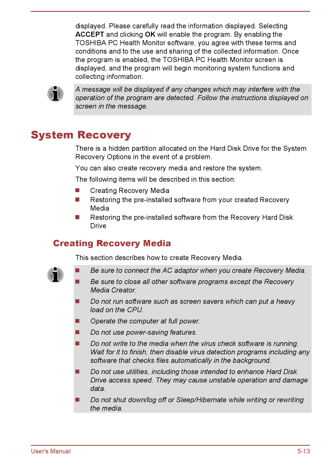 Toshiba C55D-A, C50-A, C55t-A, C50D-A, C50Dt-A, C55-A, C55Dt-A, C50t-A manual System Recovery, Creating Recovery Media 