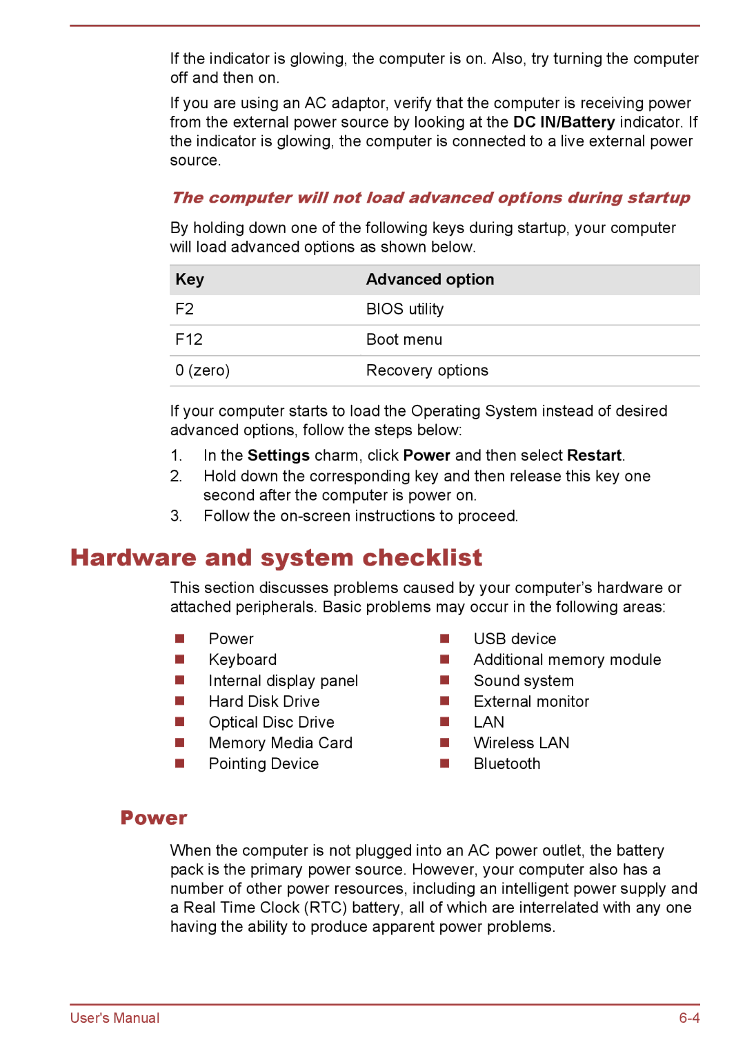 Toshiba C55Dt-A, C50-A, C55t-A Hardware and system checklist, Power, Computer will not load advanced options during startup 