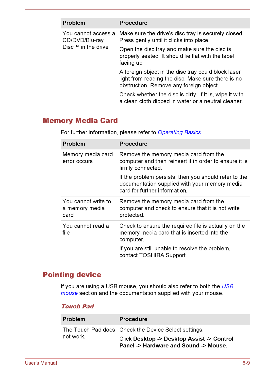 Toshiba C50D-A, C50-A, C55t-A, C50Dt-A, C55-A, C55Dt-A, C55D-A, C50t-A manual Memory Media Card, Pointing device, Touch Pad 