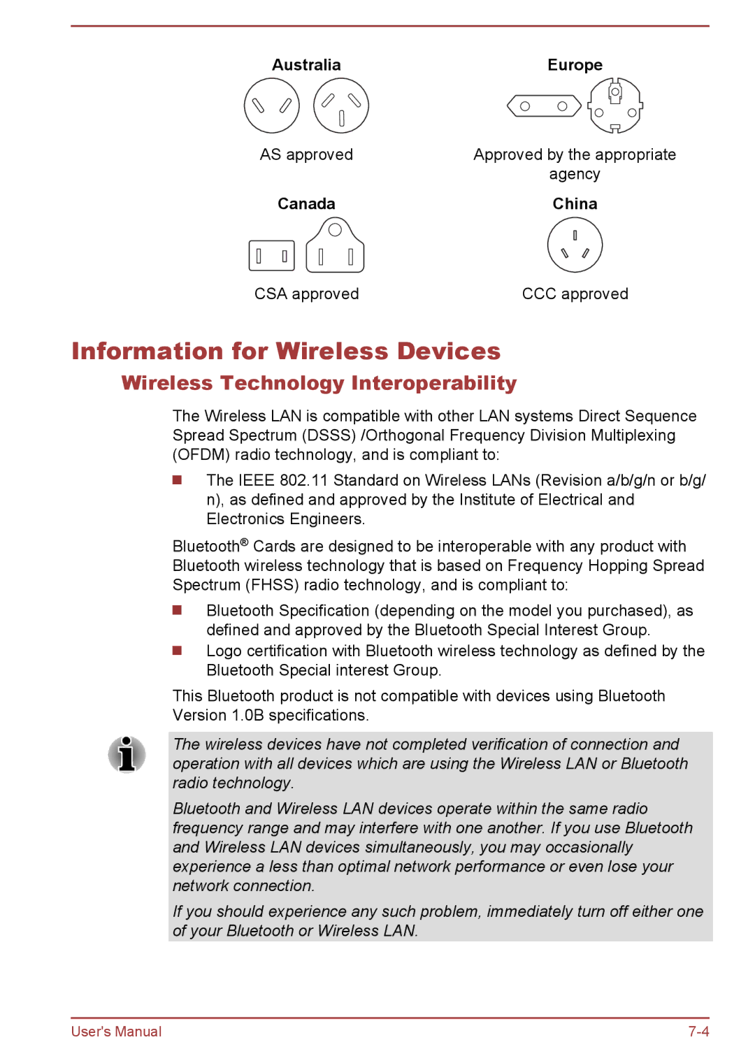 Toshiba C55-A manual Information for Wireless Devices, Wireless Technology Interoperability, Australia Europe, Canada China 