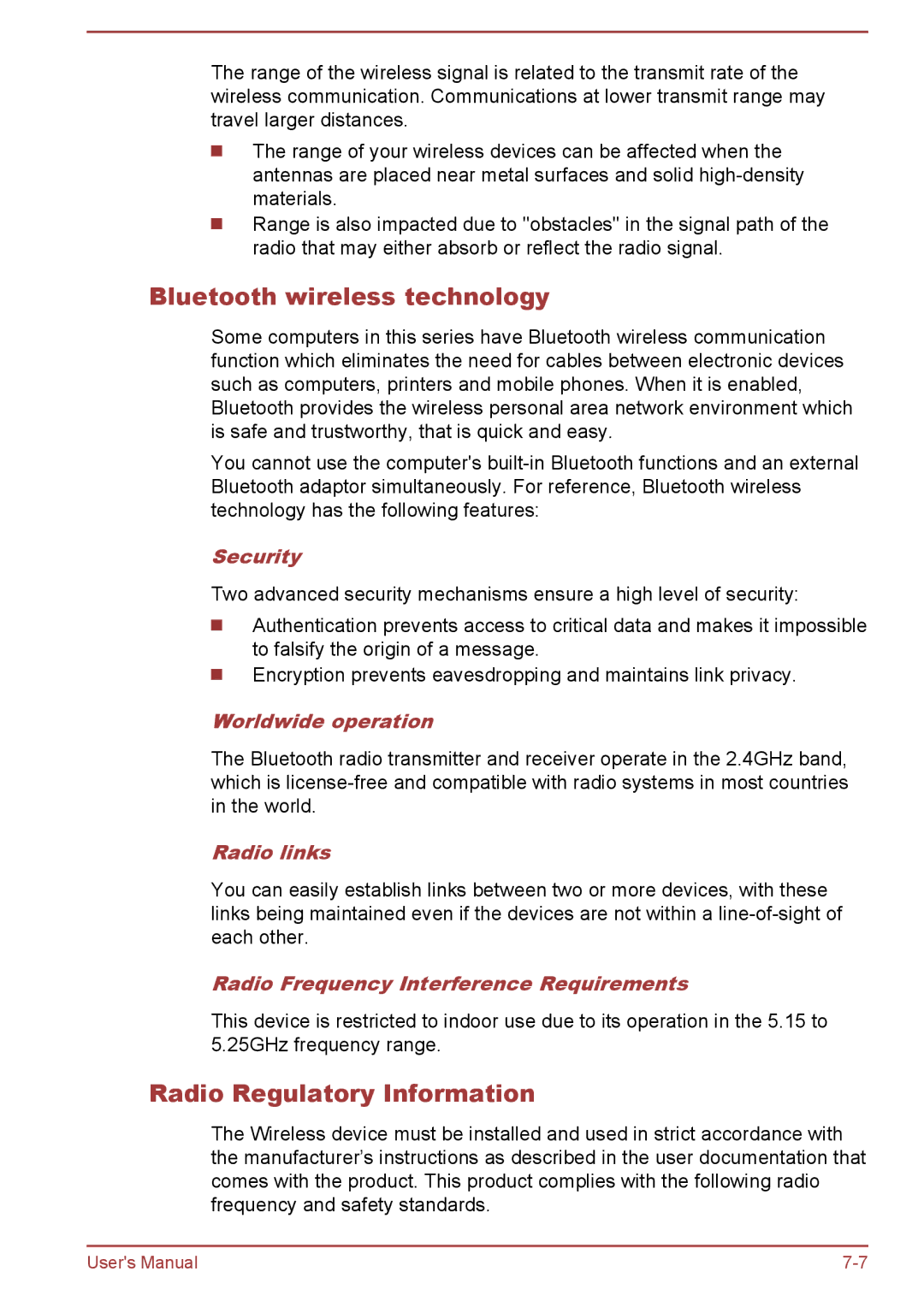 Toshiba C50t-A, C50-A, C55t-A Bluetooth wireless technology, Radio Regulatory Information, Worldwide operation, Radio links 