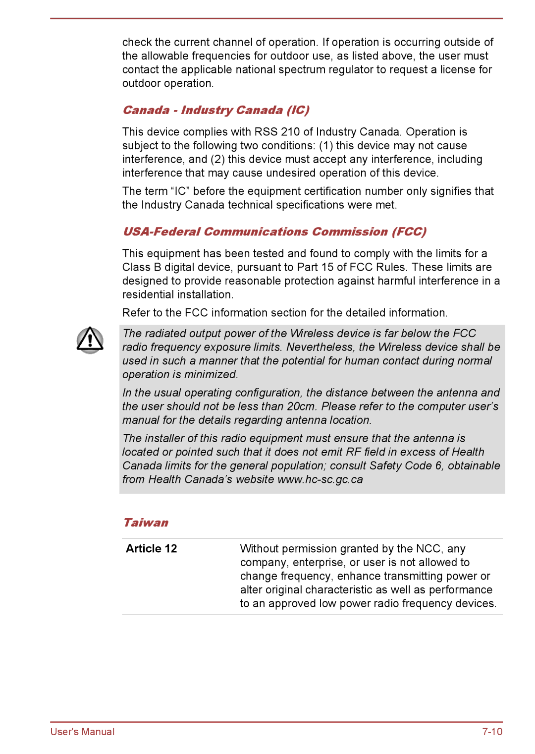 Toshiba C50D-A, C50-A, C55t-A, C50Dt-A Canada Industry Canada IC, USA-Federal Communications Commission FCC, Taiwan, Article 