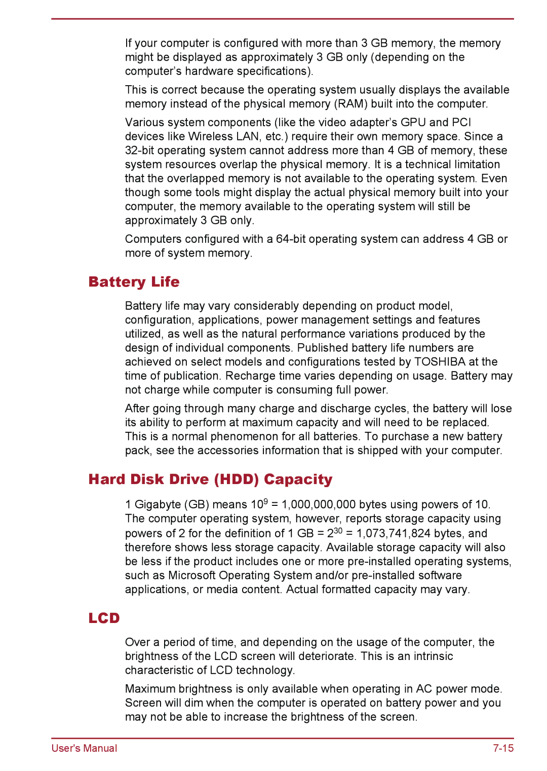 Toshiba C50t-A, C50-A, C55t-A, C50D-A, C50Dt-A, C55-A, C55Dt-A, C55D-A manual Battery Life, Hard Disk Drive HDD Capacity 