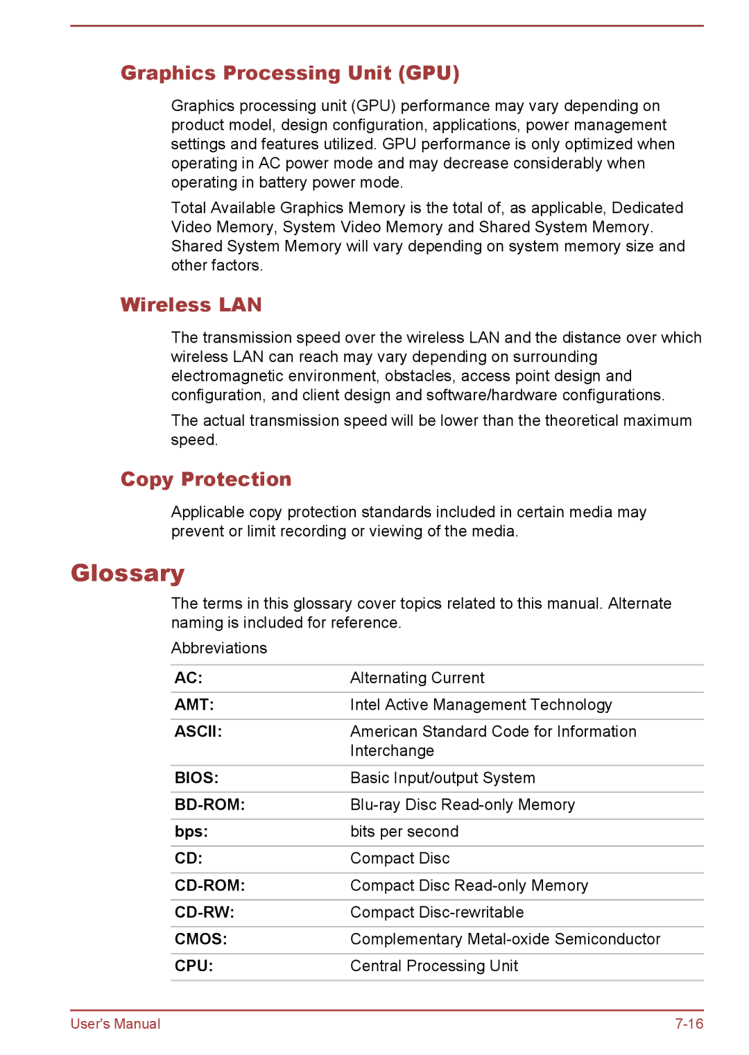 Toshiba C50-A, C55t-A, C50D-A, C50Dt-A, C55-A, C55Dt-A, C55D-A Glossary, Graphics Processing Unit GPU, Copy Protection, Bps 