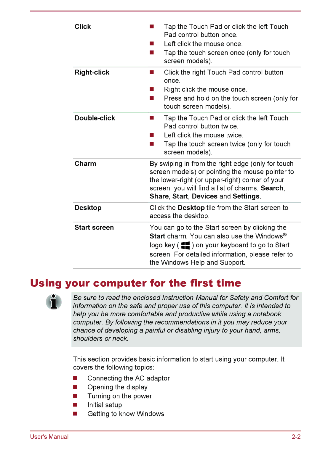 Toshiba C55-A, C50-A, C55t-A, C50D-A, C50Dt-A, C55Dt-A, C55D-A, C50t-A manual Using your computer for the first time 