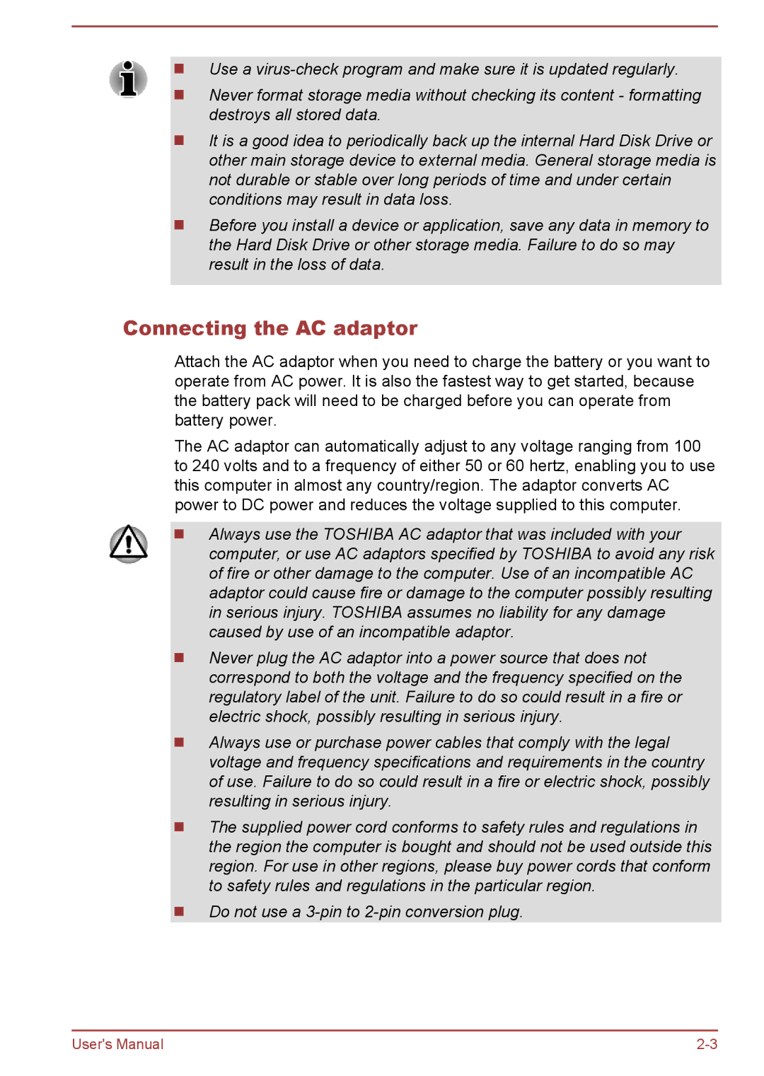 Toshiba C55Dt-A, C50-A, C55t-A, C50D-A, C50Dt-A, C55-A, C55D-A, C50t-A manual Connecting the AC adaptor 