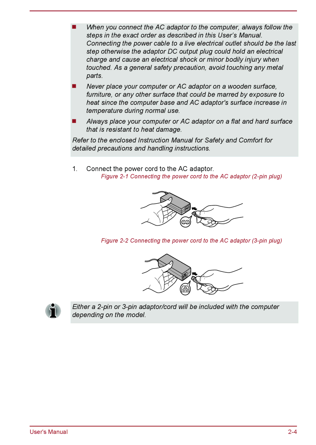 Toshiba C55D-A, C50-A, C55t-A, C50D-A, C50Dt-A, C55-A, C55Dt-A, C50t-A manual Connect the power cord to the AC adaptor 