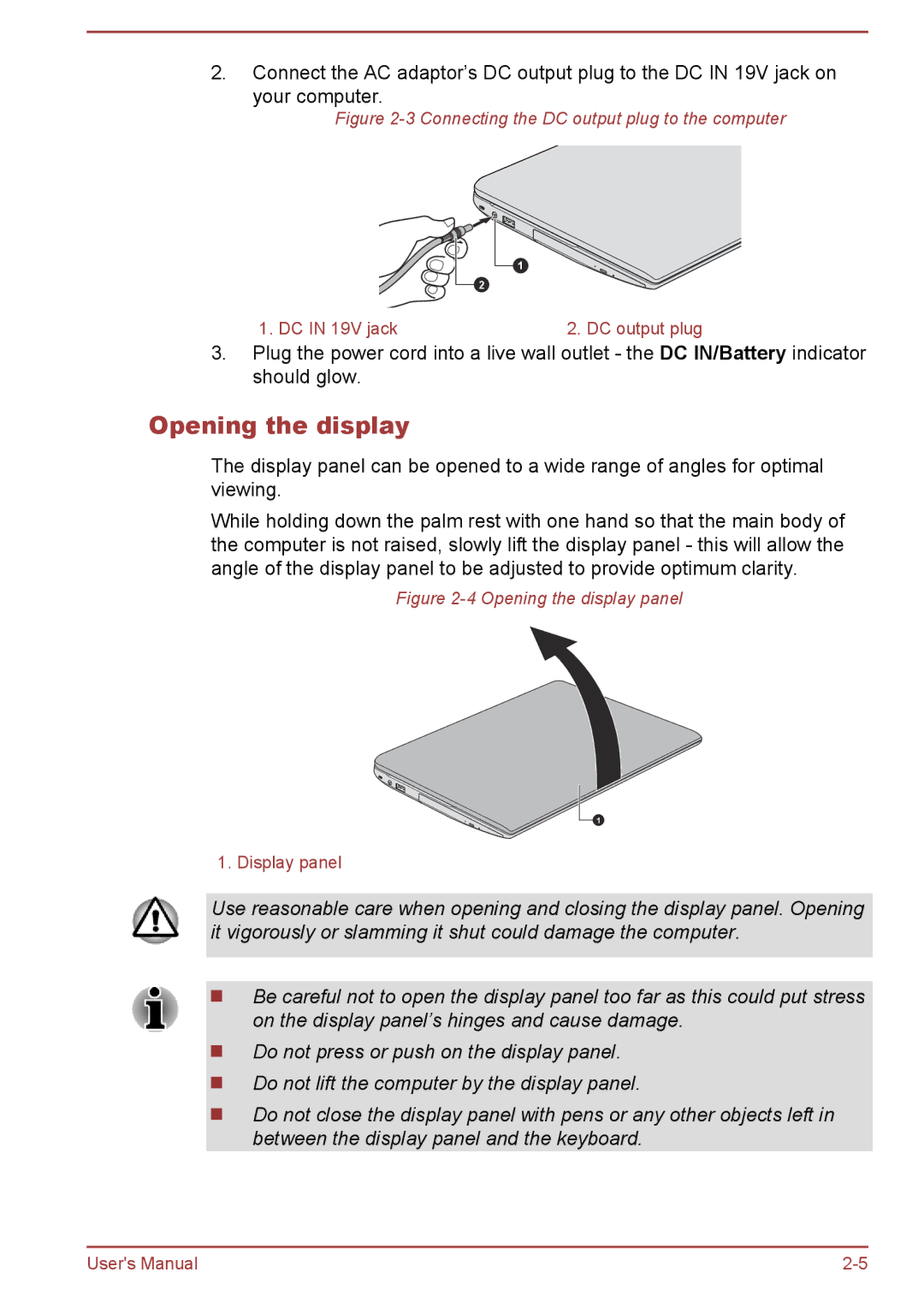 Toshiba C50t-A, C50-A, C55t-A, C50D-A, C50Dt-A, C55-A manual Opening the display, Connecting the DC output plug to the computer 