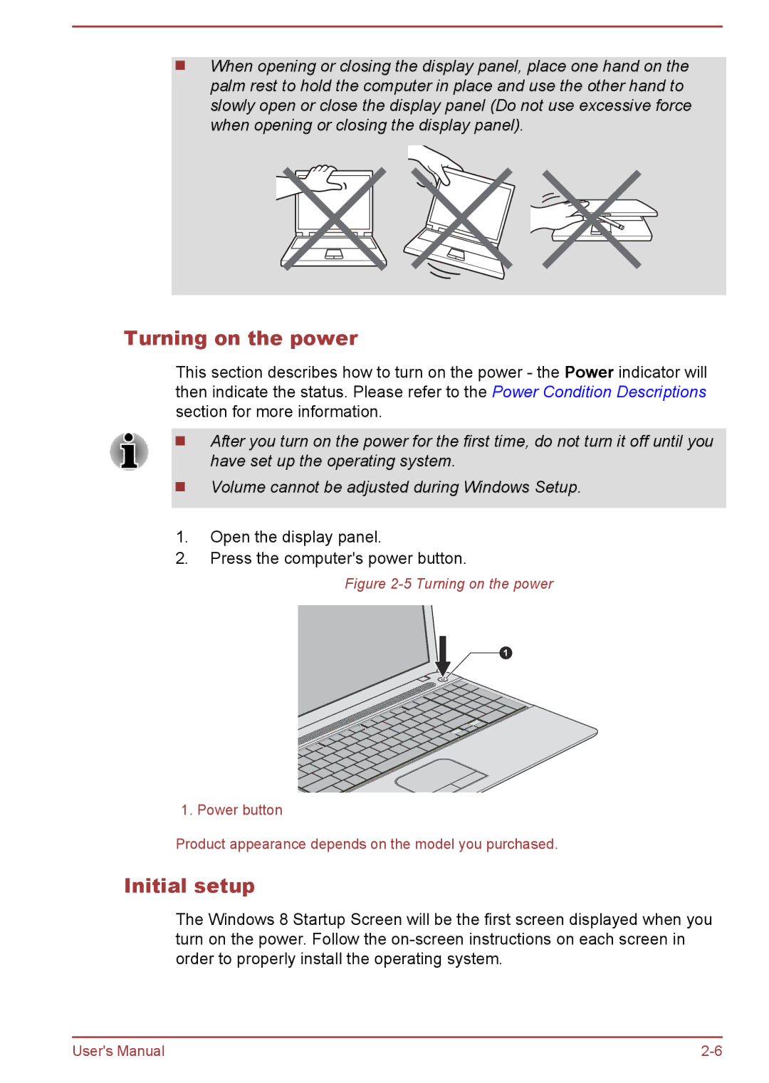 Toshiba C50-A, C55t-A, C50D-A, C50Dt-A, C55-A, C55Dt-A, C55D-A, C50t-A manual Turning on the power, Initial setup 