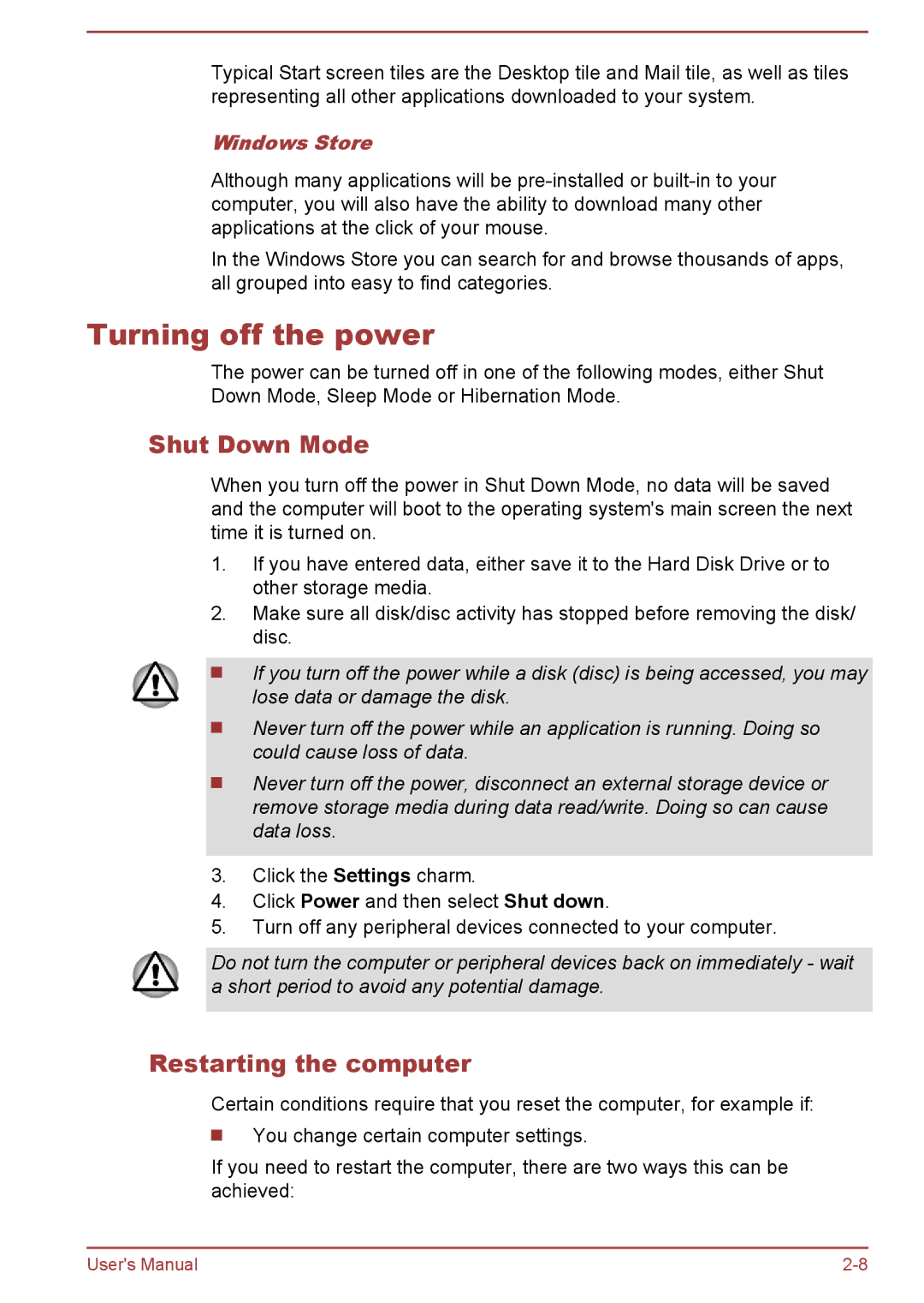 Toshiba C50D-A, C50-A, C55t-A, C50Dt-A, C55-A Turning off the power, Shut Down Mode, Restarting the computer, Windows Store 