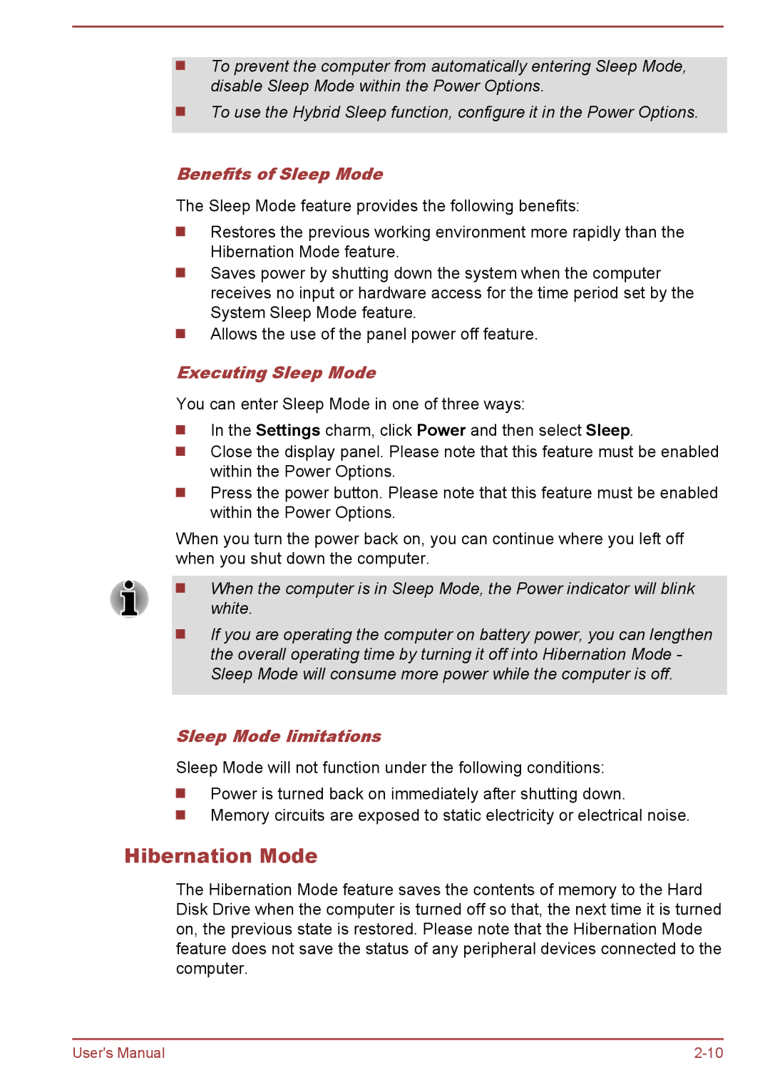 Toshiba C55-A, C50-A, C55t-A, C50D-A Hibernation Mode, Benefits of Sleep Mode, Executing Sleep Mode, Sleep Mode limitations 