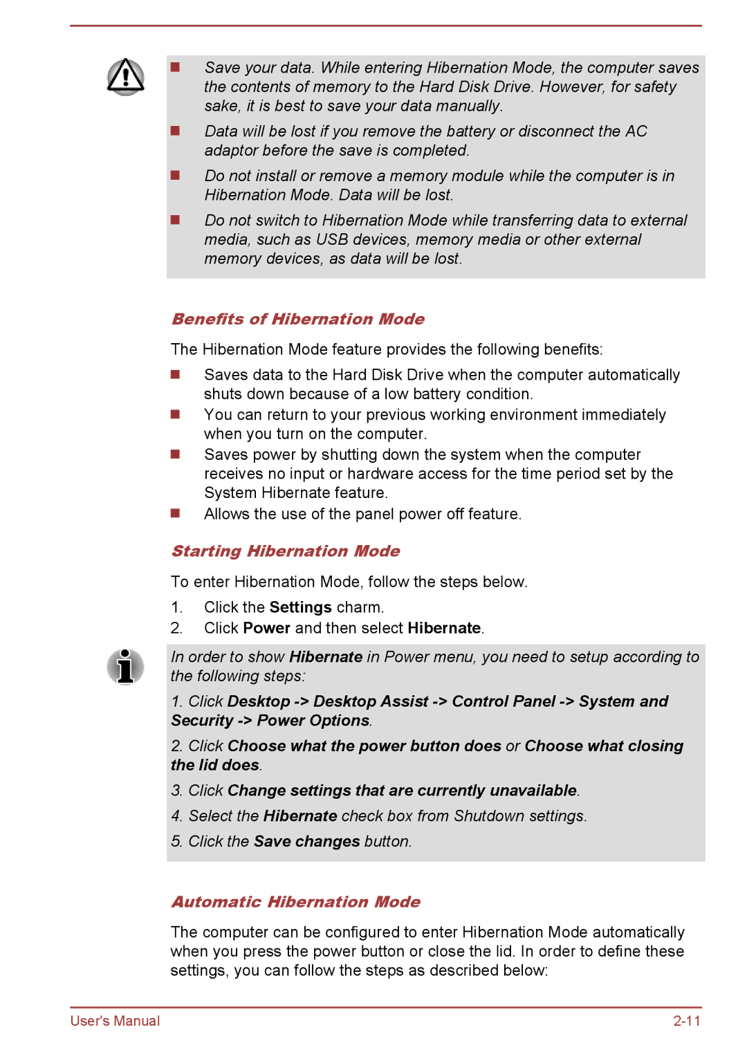 Toshiba C55Dt-A, C50-A, C55t-A, C50D-A Benefits of Hibernation Mode, Starting Hibernation Mode, Automatic Hibernation Mode 