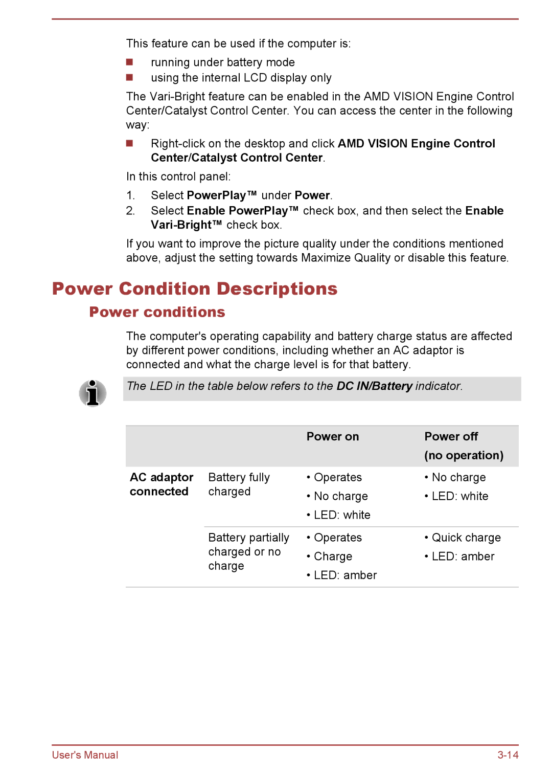 Toshiba C55-A, C50-A, C55t-A, C50D-A, C50Dt-A, C55Dt-A, C55D-A, C50t-A manual Power Condition Descriptions, Power conditions 