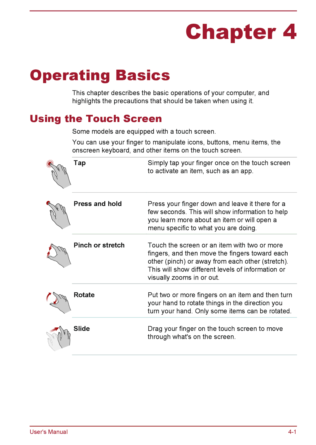 Toshiba C50t-A, C50-A, C55t-A, C50D-A, C50Dt-A, C55-A, C55Dt-A, C55D-A manual Using the Touch Screen 