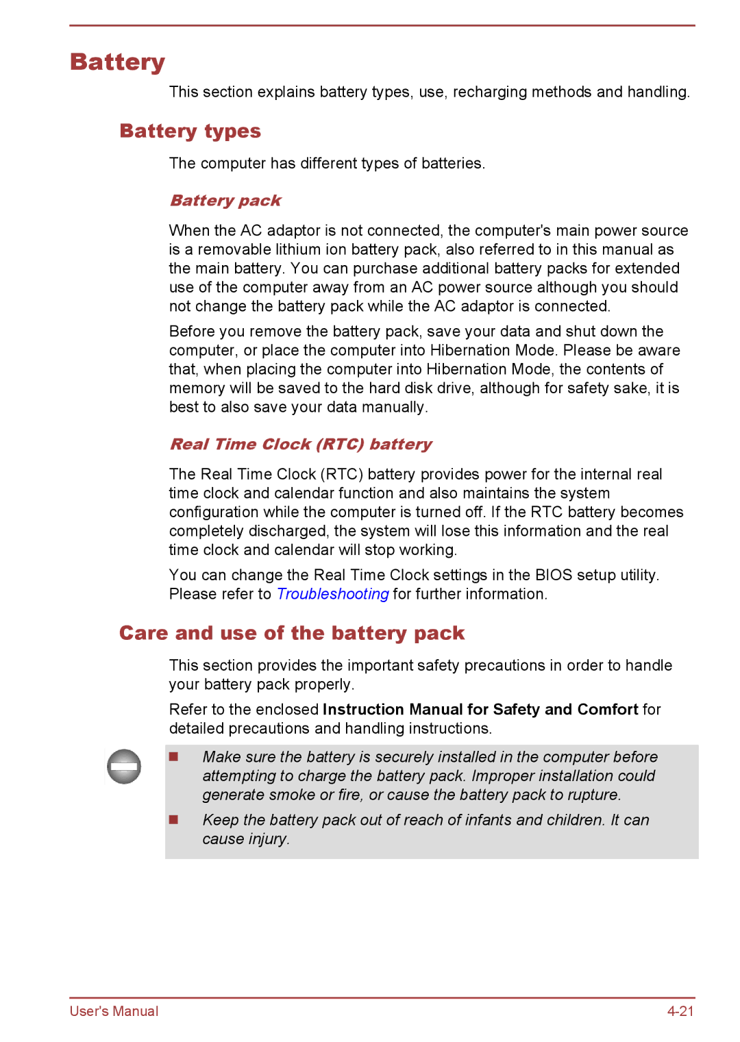 Toshiba C50Dt-A, C50-A manual Battery types, Care and use of the battery pack, Battery pack, Real Time Clock RTC battery 