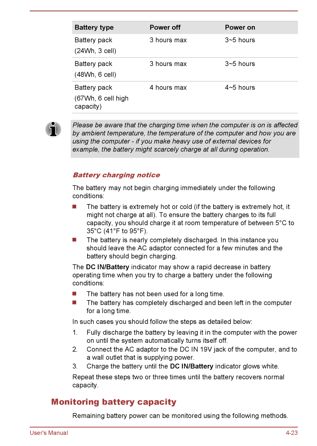 Toshiba C55Dt-A, C50-A, C55t-A, C50D-A Monitoring battery capacity, Battery type Power off Power on, Battery charging notice 