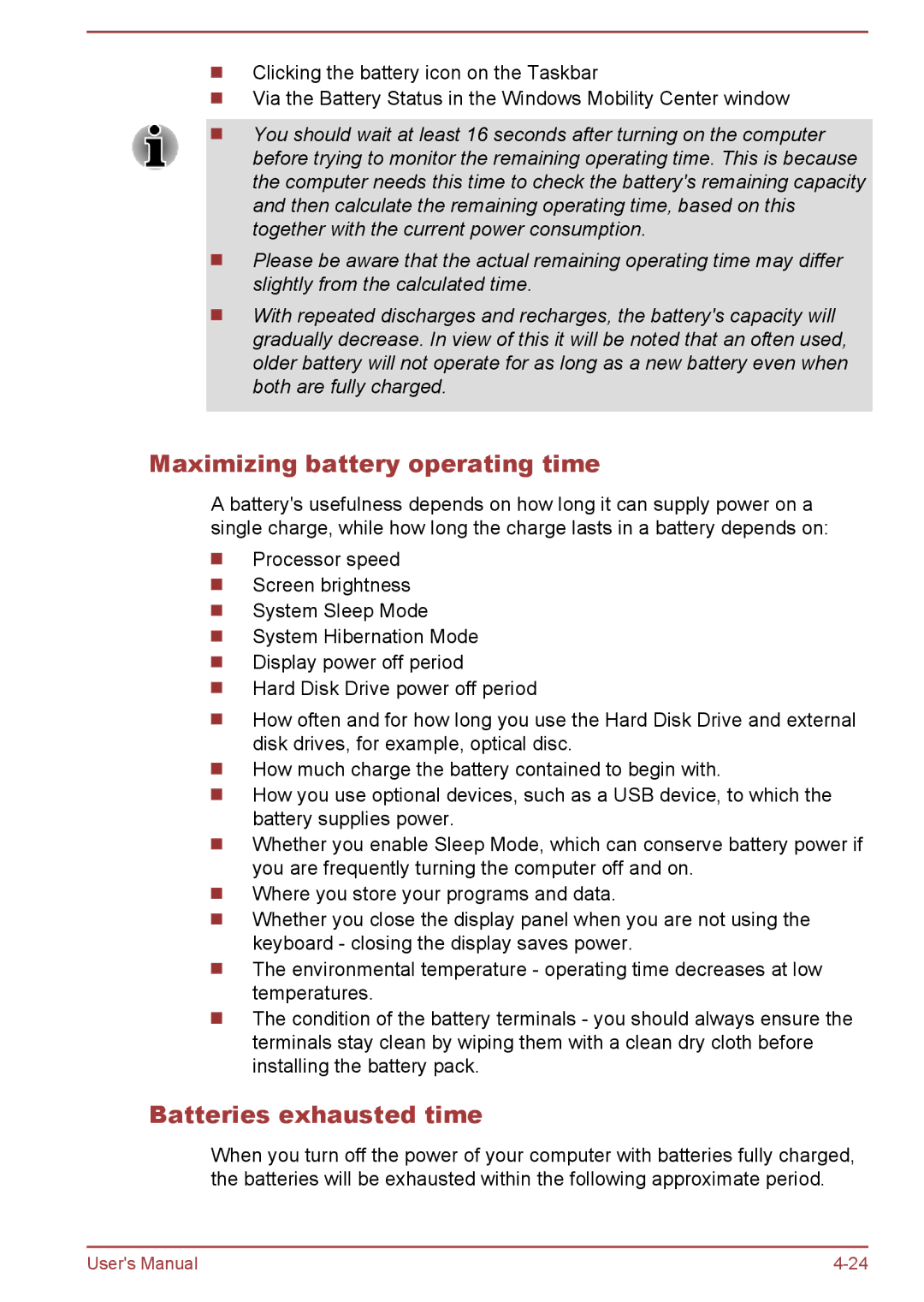 Toshiba C55D-A, C50-A, C55t-A, C50D-A, C50Dt-A, C55-A, C55Dt-A manual Maximizing battery operating time, Batteries exhausted time 