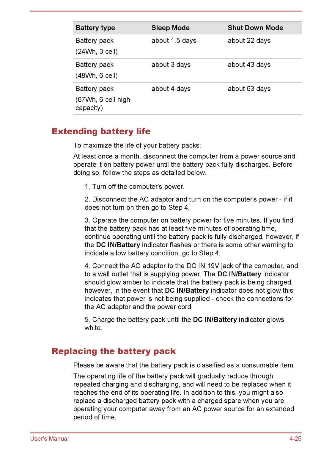 Toshiba C50t-A, C50-A, C55t-A Extending battery life, Replacing the battery pack, Battery type Sleep Mode Shut Down Mode 