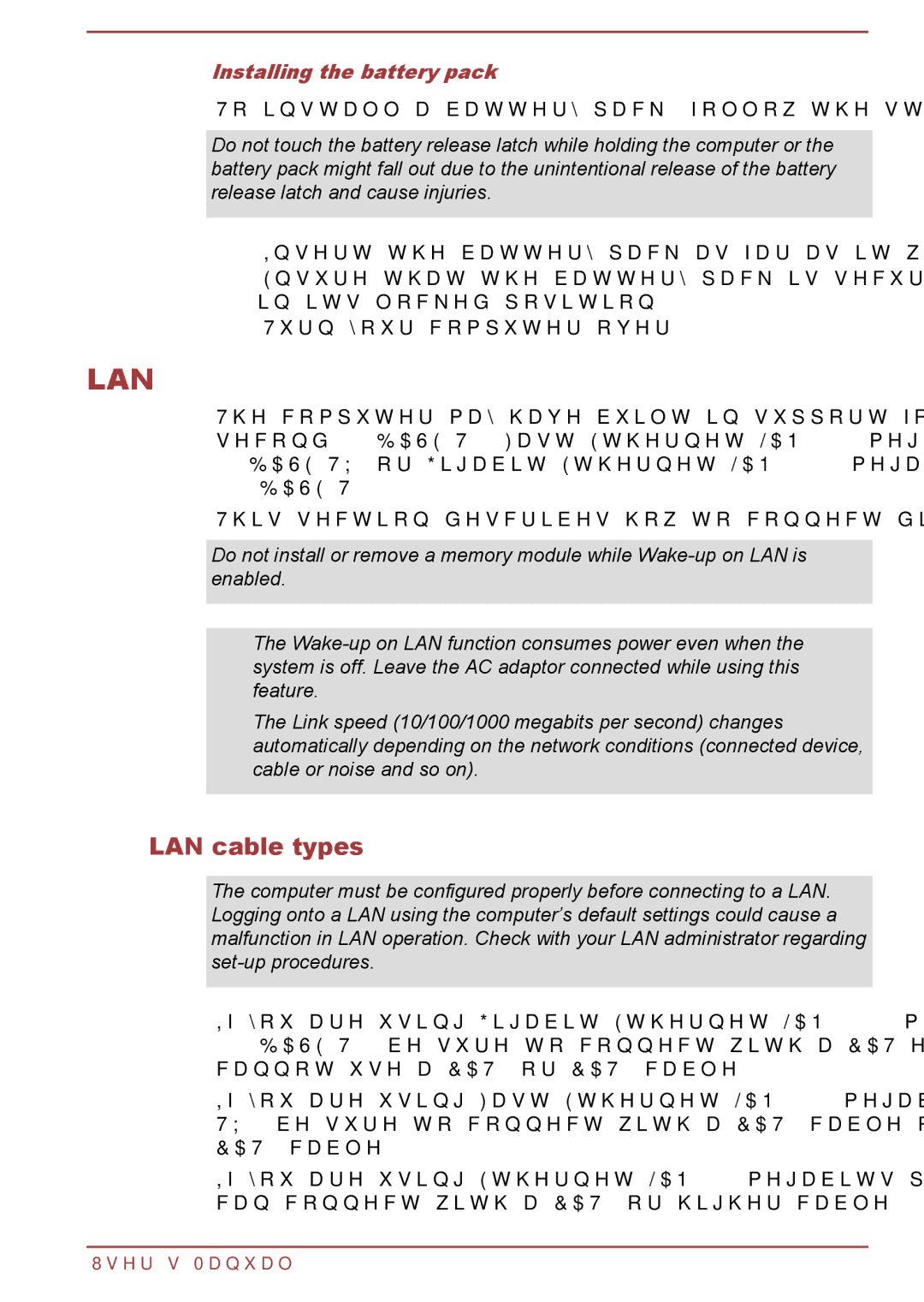 Toshiba C55t-A, C50-A, C50D-A, C50Dt-A, C55-A, C55Dt-A, C55D-A, C50t-A manual LAN cable types, Installing the battery pack 