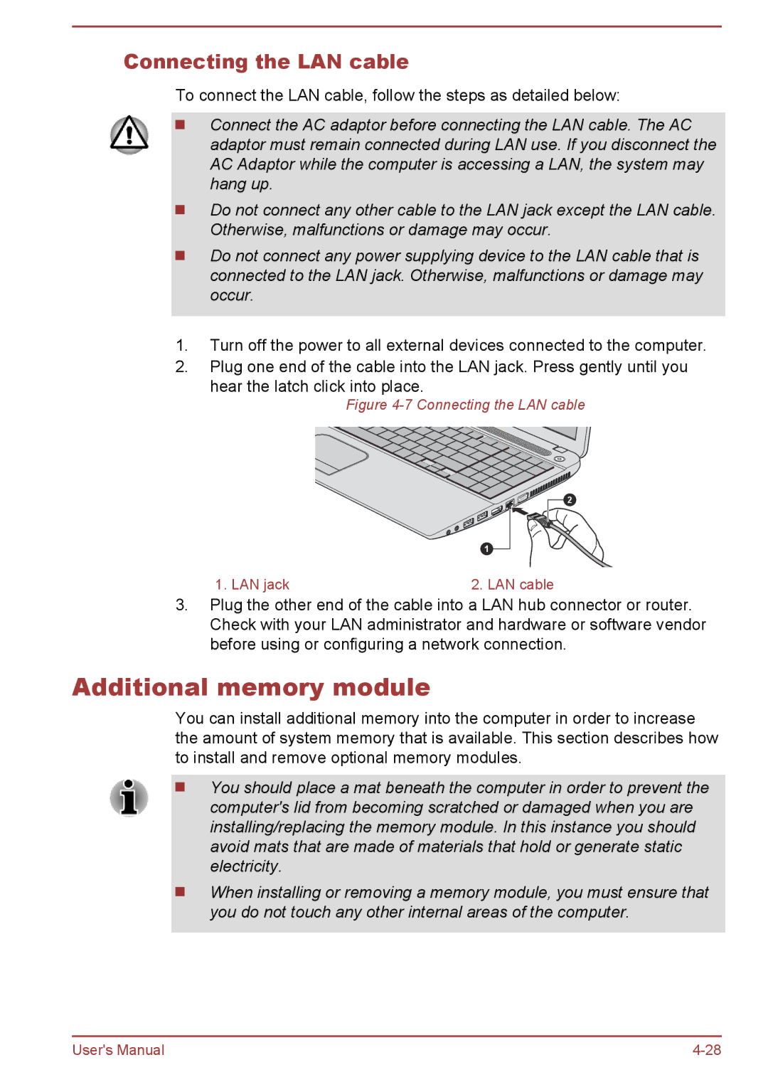 Toshiba C50D-A, C50-A, C55t-A, C50Dt-A, C55-A, C55Dt-A, C55D-A, C50t-A manual Additional memory module, Connecting the LAN cable 