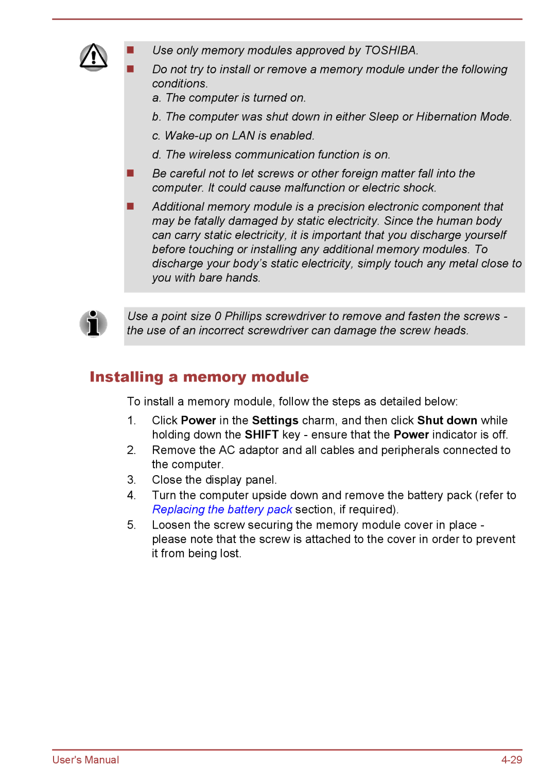 Toshiba C50Dt-A, C50-A, C55t-A, C50D-A, C55-A, C55Dt-A, C55D-A, C50t-A manual Installing a memory module 