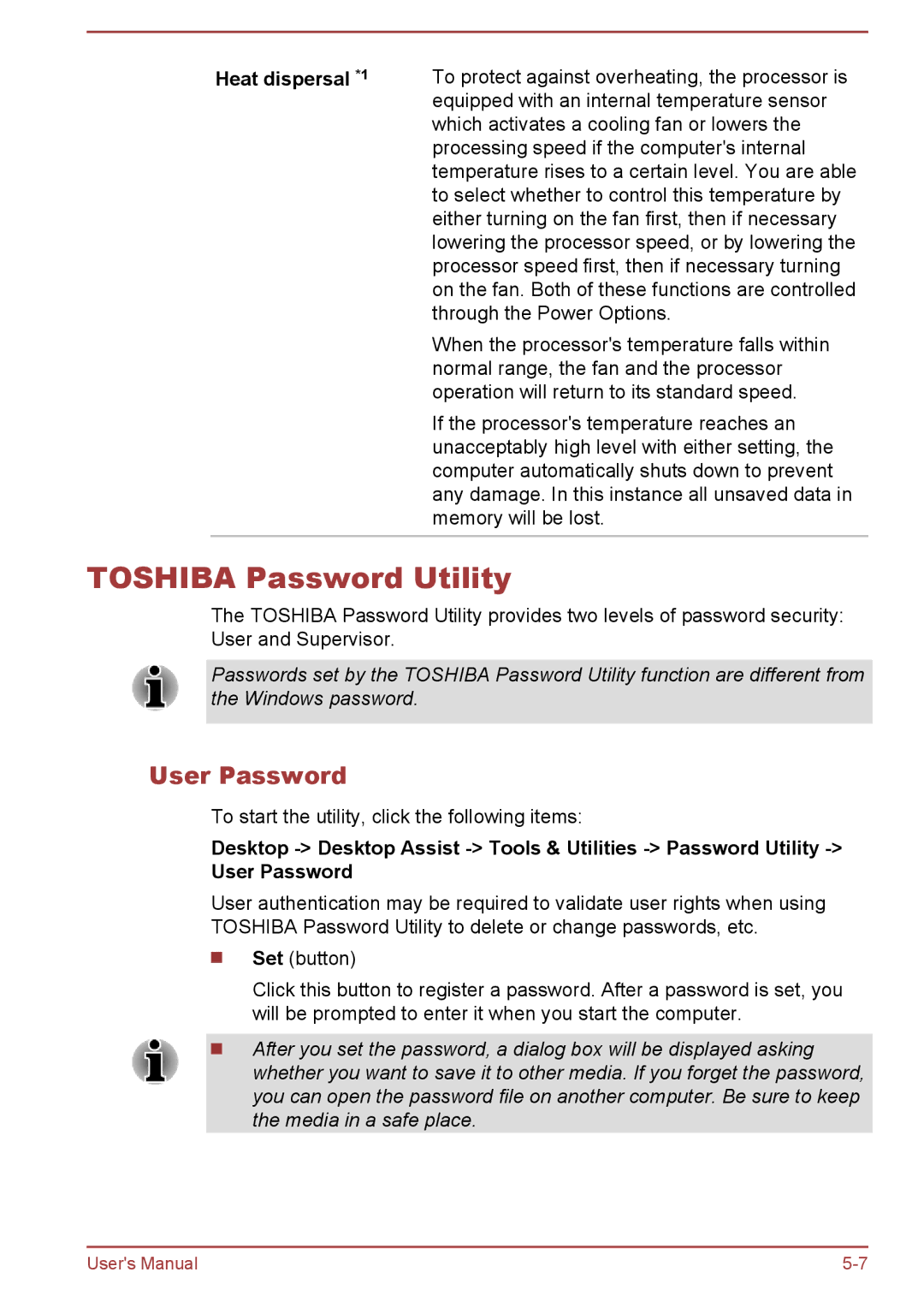 Toshiba C50-A, C55t-A, C50D-A, C50Dt-A, C55-A, C55Dt-A, C55D-A manual Toshiba Password Utility, User Password, Heat dispersal *1 