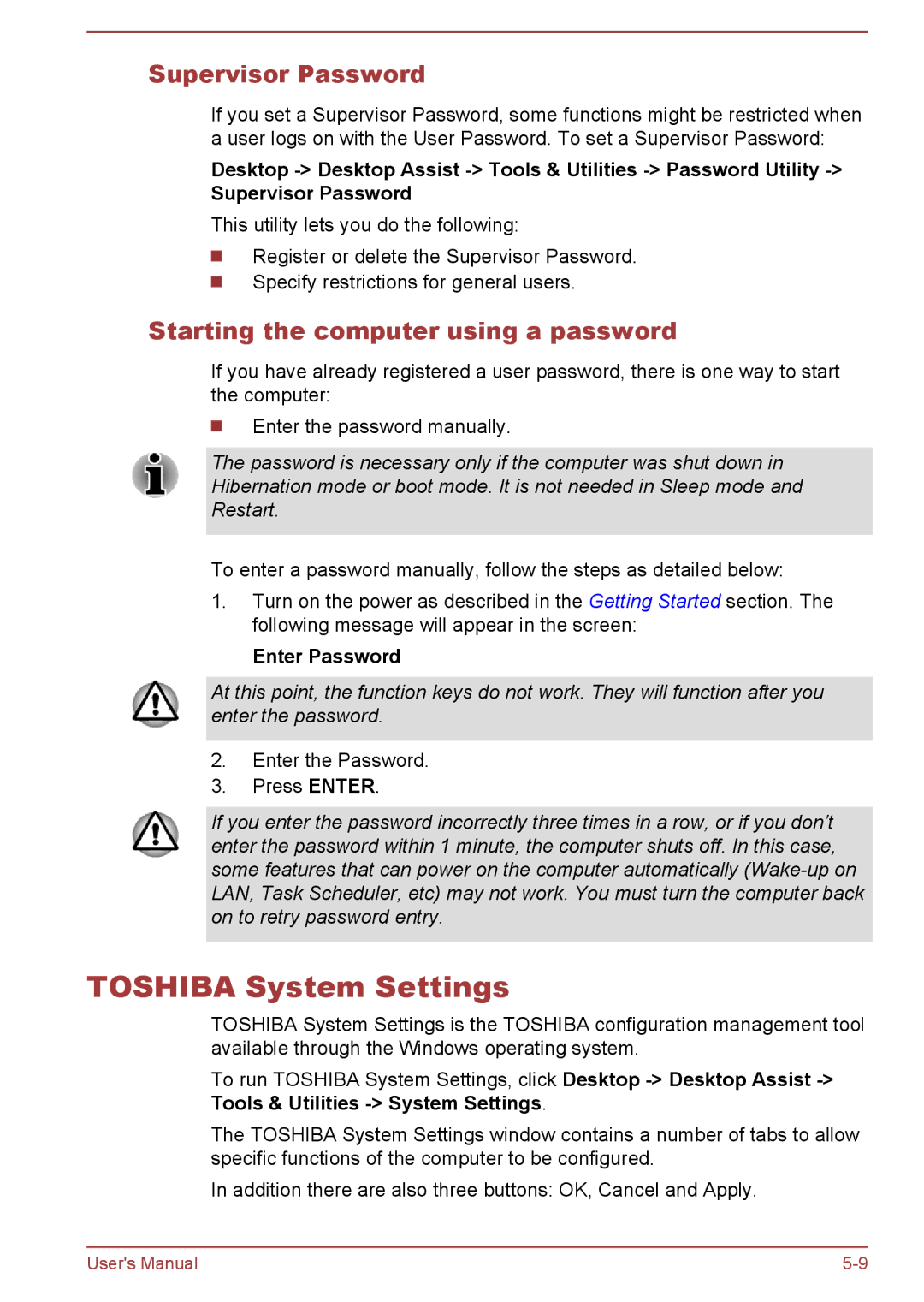 Toshiba C50D-A, C50-A Toshiba System Settings, Supervisor Password, Starting the computer using a password, Enter Password 