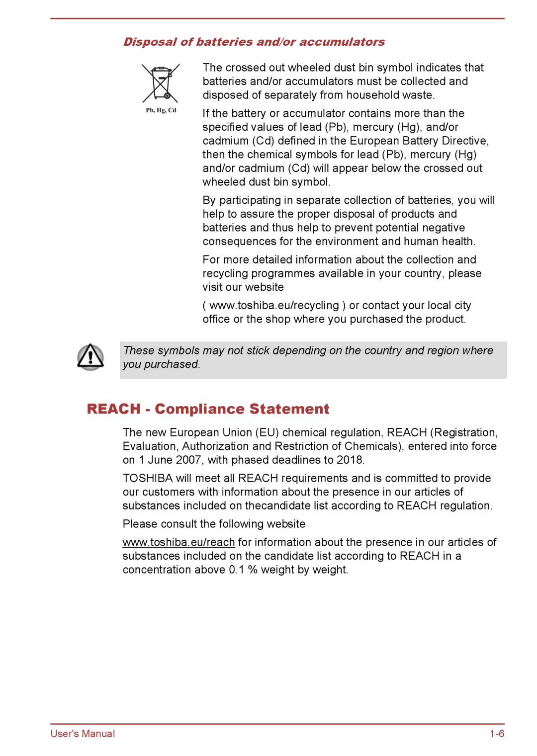 Toshiba C50Dt-B, C5D-B, C50-B, C50t-B user manual Reach Compliance Statement, Disposal of batteries and/or accumulators 