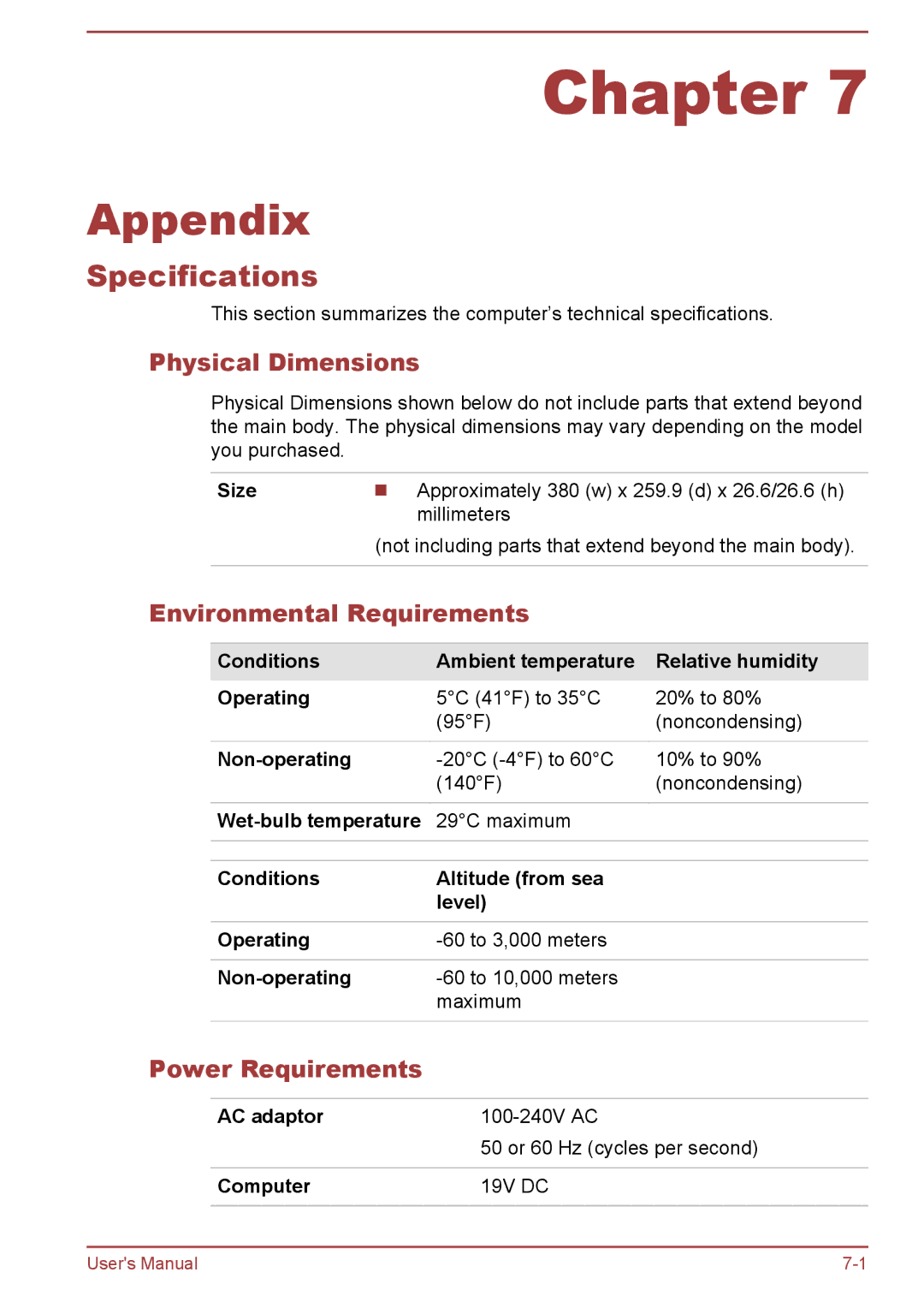 Toshiba C5D-B, C50-B, C50Dt-B, C50t-B Specifications, Physical Dimensions, Environmental Requirements, Power Requirements 