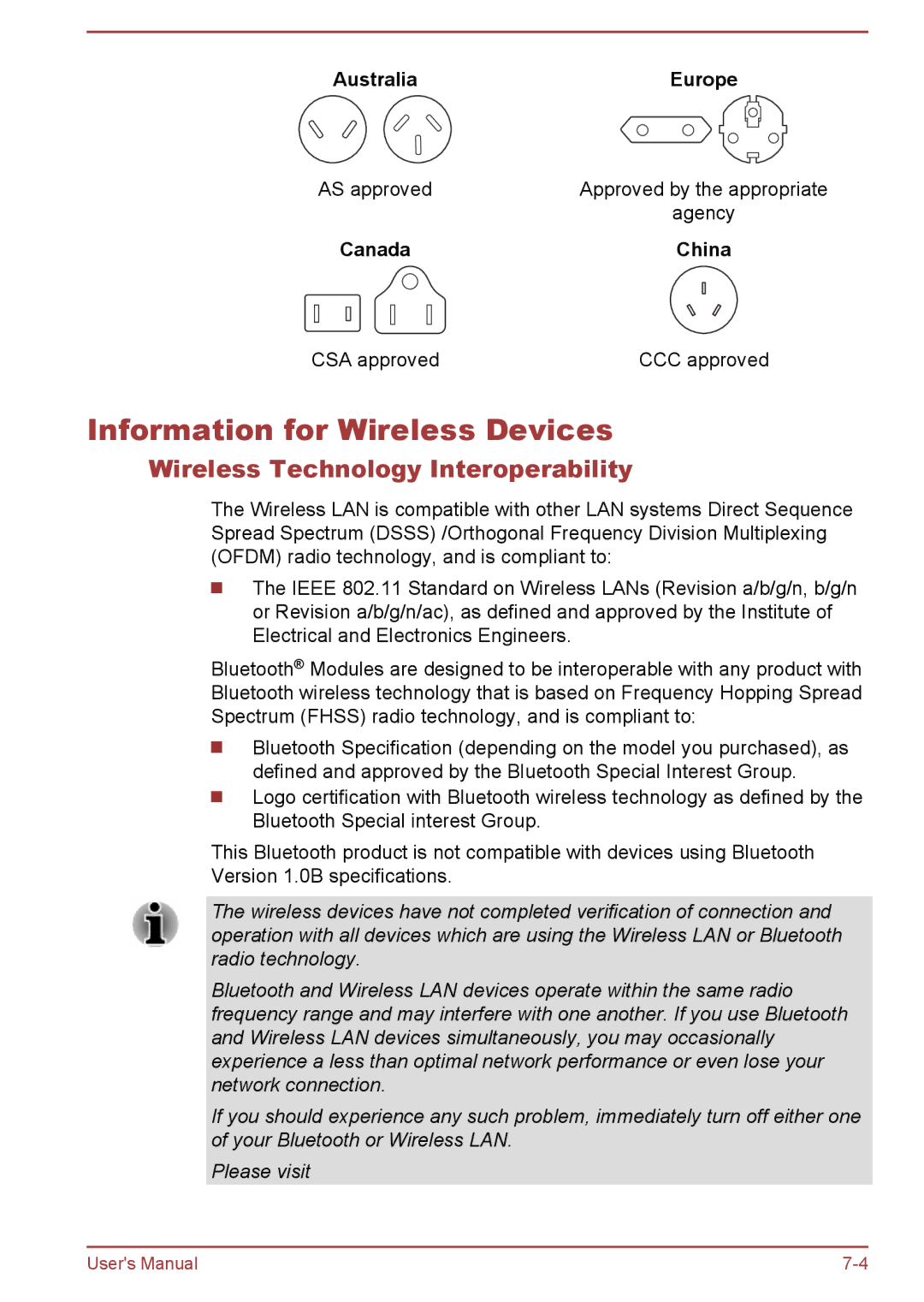 Toshiba C50t-B Information for Wireless Devices, Wireless Technology Interoperability, Australia Europe, Canada China 