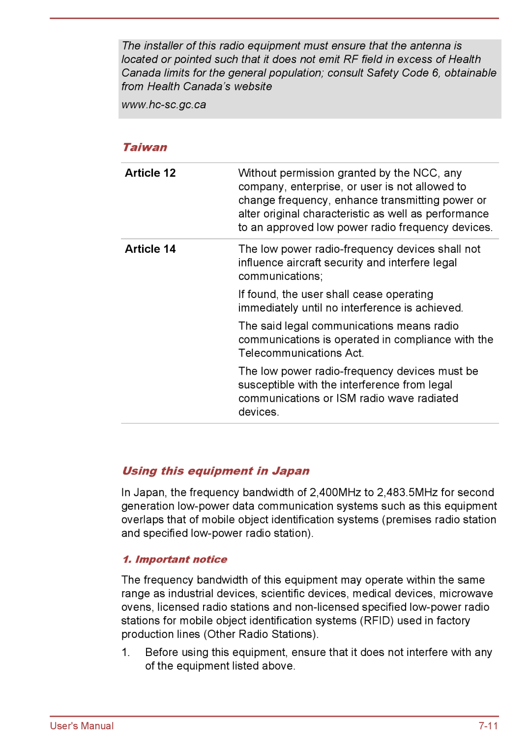 Toshiba C50Dt-B, C5D-B, C50-B, C50t-B user manual Taiwan, Article, Using this equipment in Japan 