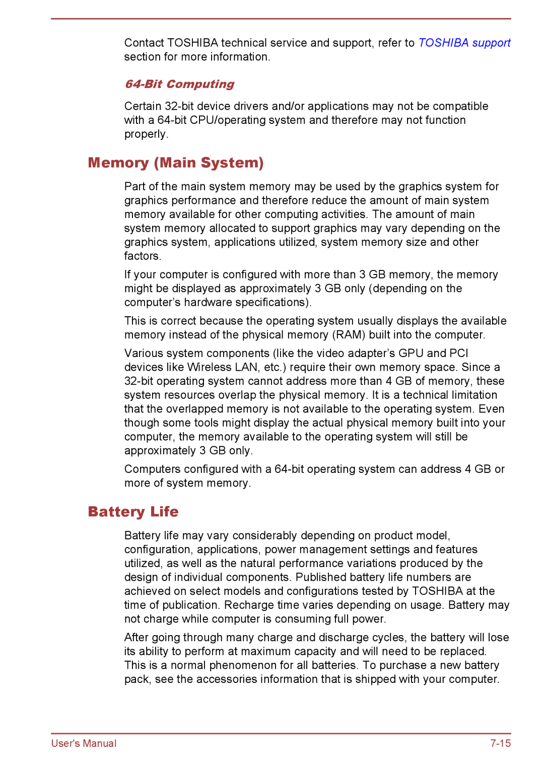 Toshiba C50Dt-B, C5D-B, C50-B, C50t-B user manual Memory Main System, Battery Life, Bit Computing 