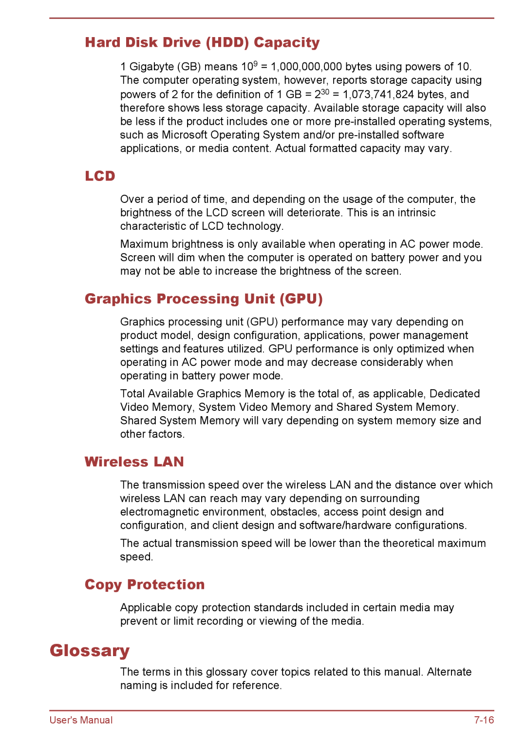 Toshiba C50t-B, C5D-B, C50-B, C50Dt-B Glossary, Hard Disk Drive HDD Capacity, Graphics Processing Unit GPU, Copy Protection 