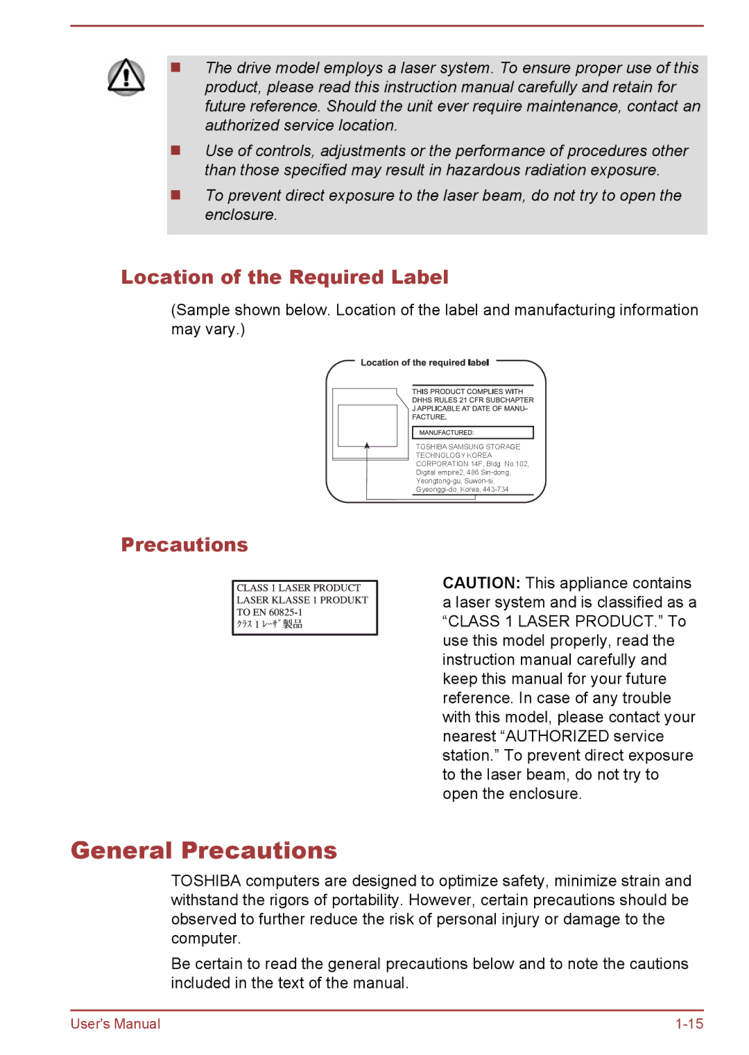 Toshiba C50t-B, C5D-B, C50-B, C50Dt-B user manual General Precautions, Location of the Required Label 