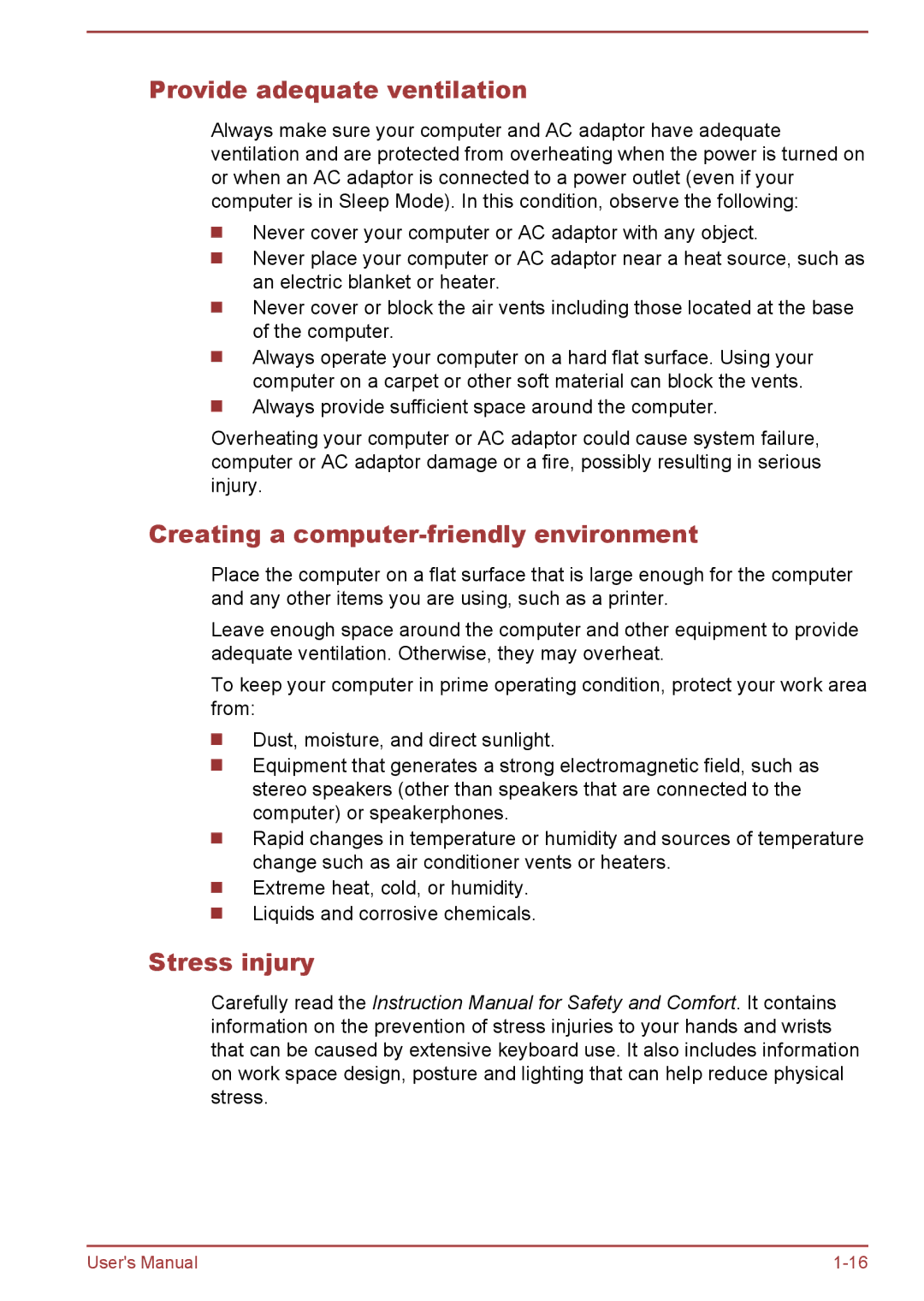 Toshiba C5D-B, C50-B, C50Dt-B, C50t-B Provide adequate ventilation, Creating a computer-friendly environment, Stress injury 